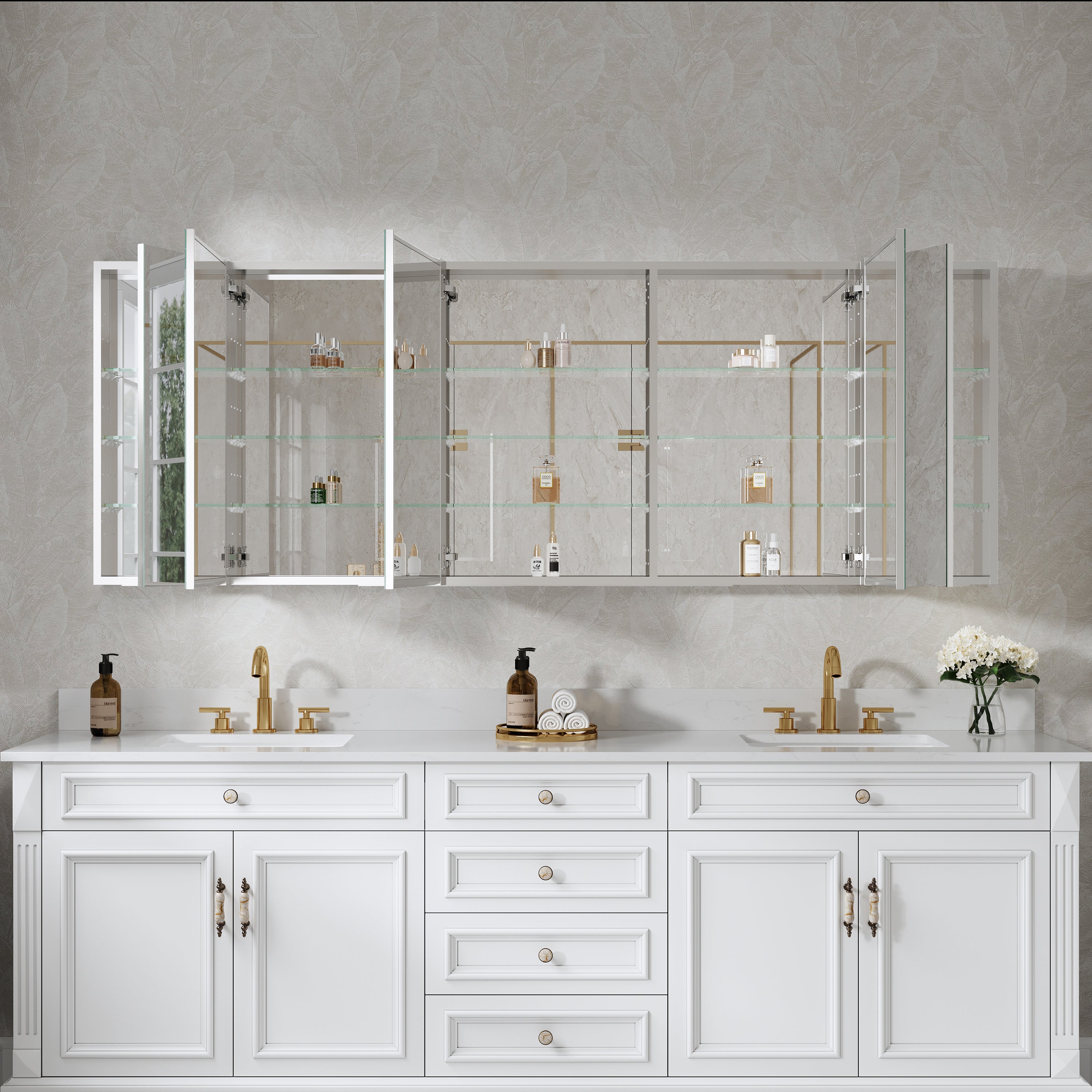 84 in. ×30 in. Copper-Free Tri-Views Mirror Medicine Cabinet with Adjustable Shelves and 5 Doors