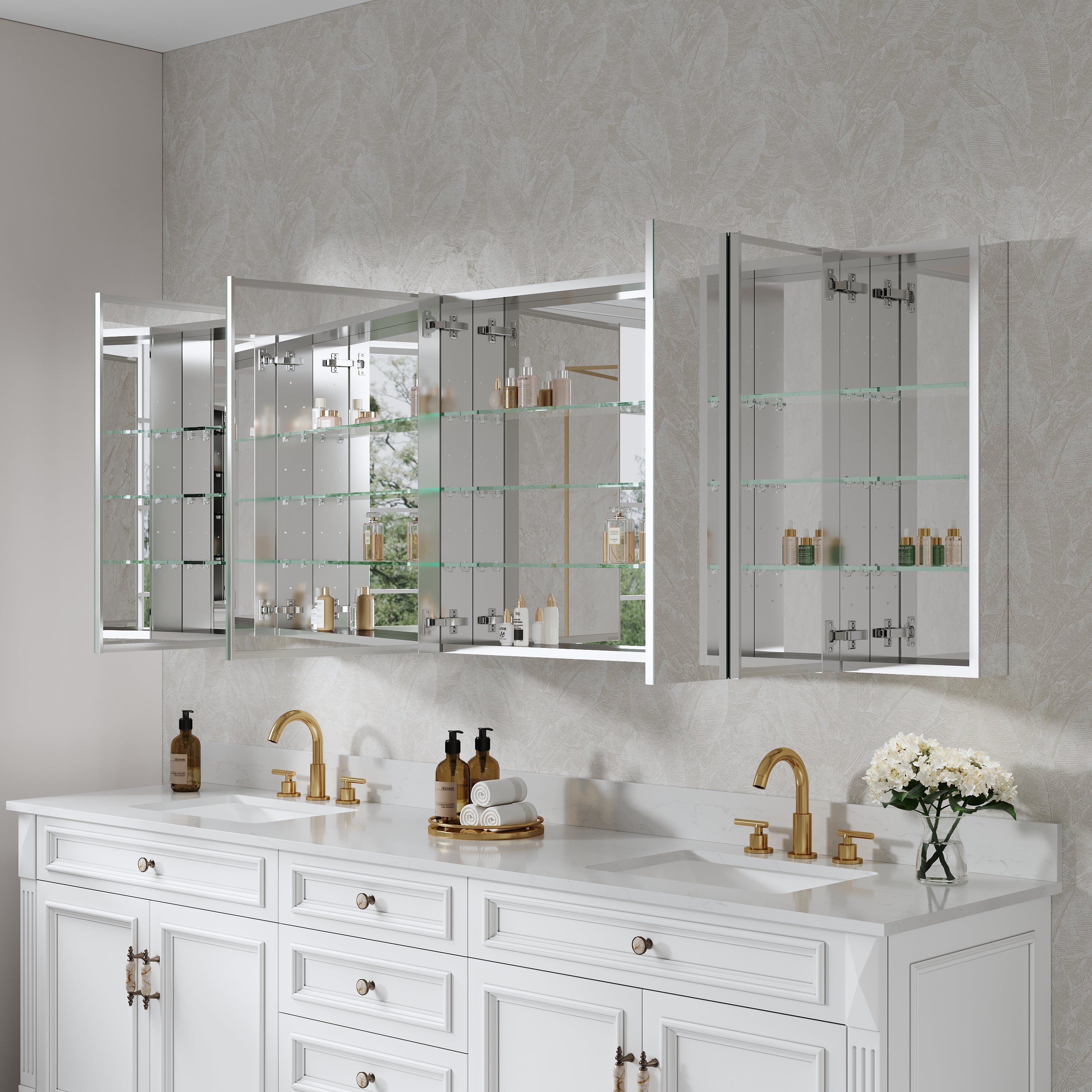84 in. ×30 in. Copper-Free Tri-Views Mirror Medicine Cabinet with Adjustable Shelves and 5 Doors