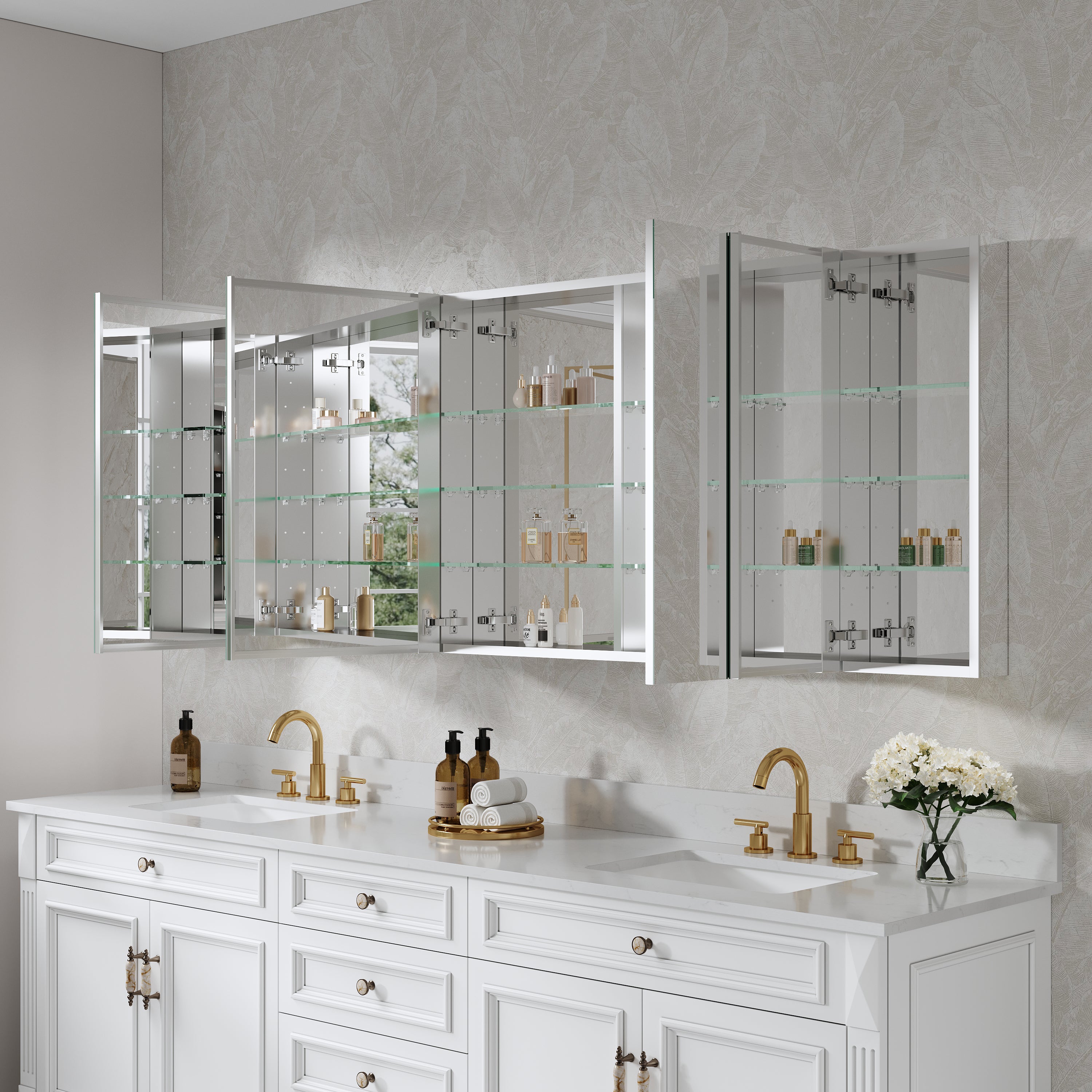84 in. ×30 in. Copper-Free Tri-Views Mirror Medicine Cabinet with Adjustable Shelves and 5 Doors