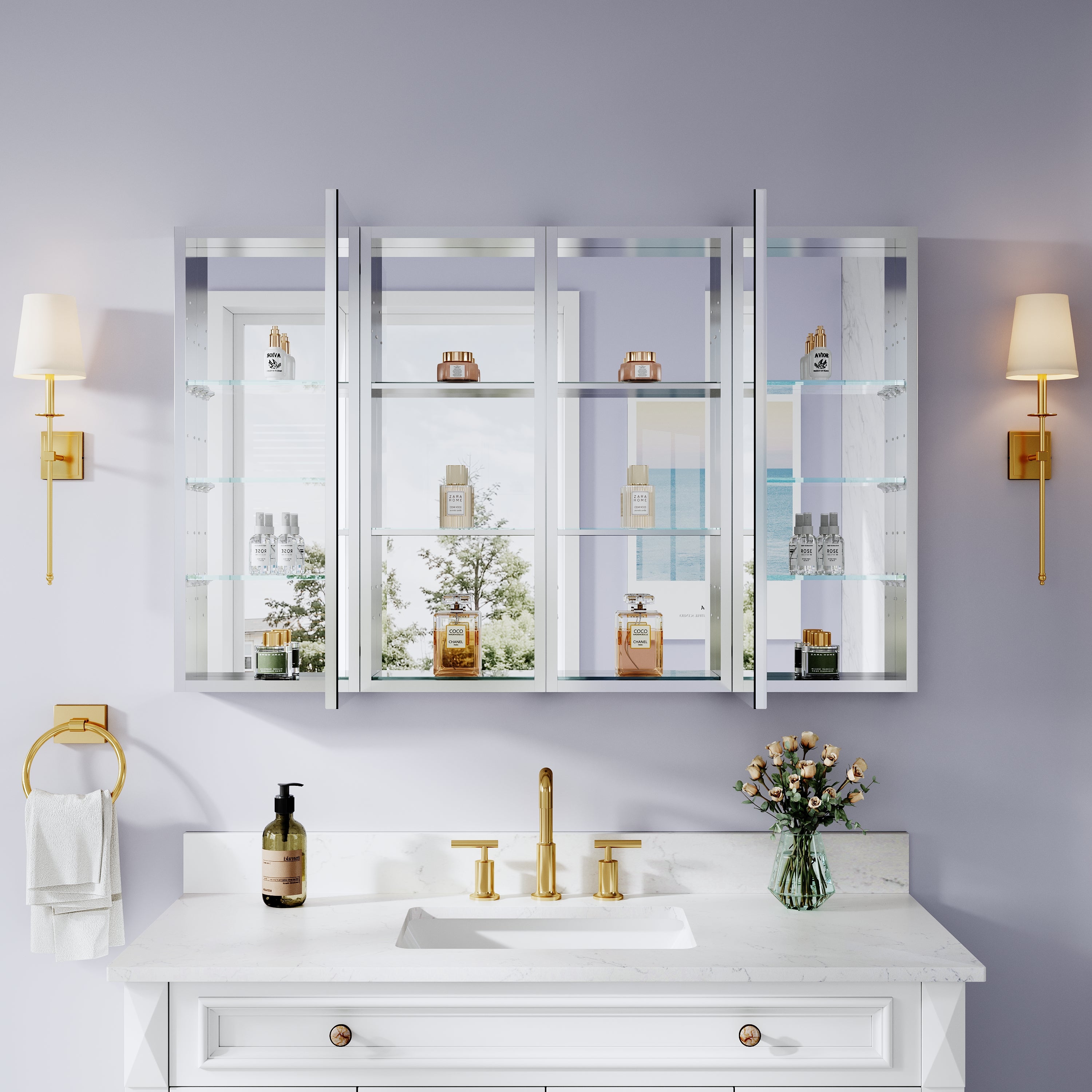 48 in. ×30 in. Bathroom Medicine Cabinet Set with Copper-Free Tri-View Mirror and Open Side Cabinet, Recessed or Surface Mount