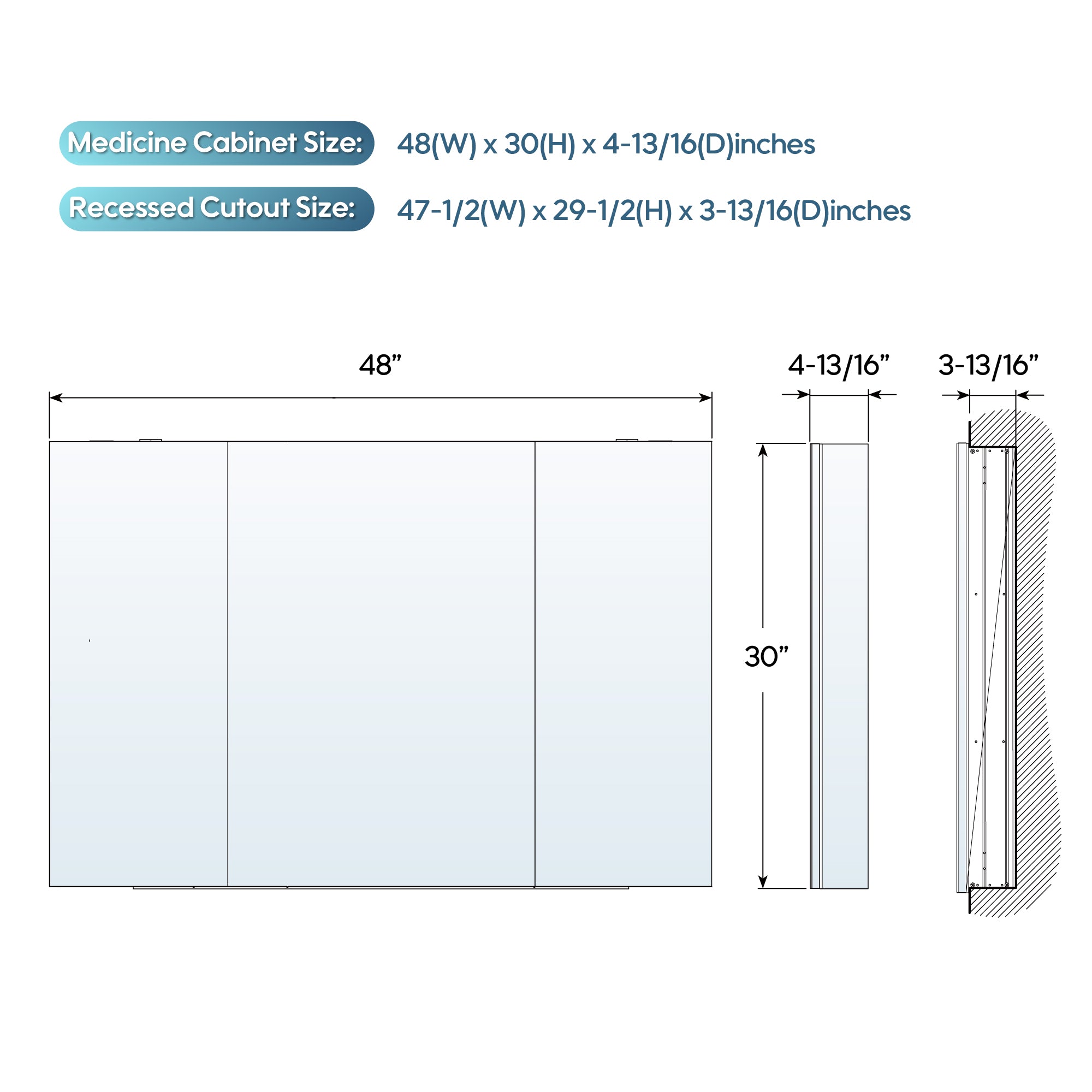 48 in. ×30 in. Copper-Free Tri-Views Mirror Medicine Cabinet with Adjustable Shelves and 3 Doors