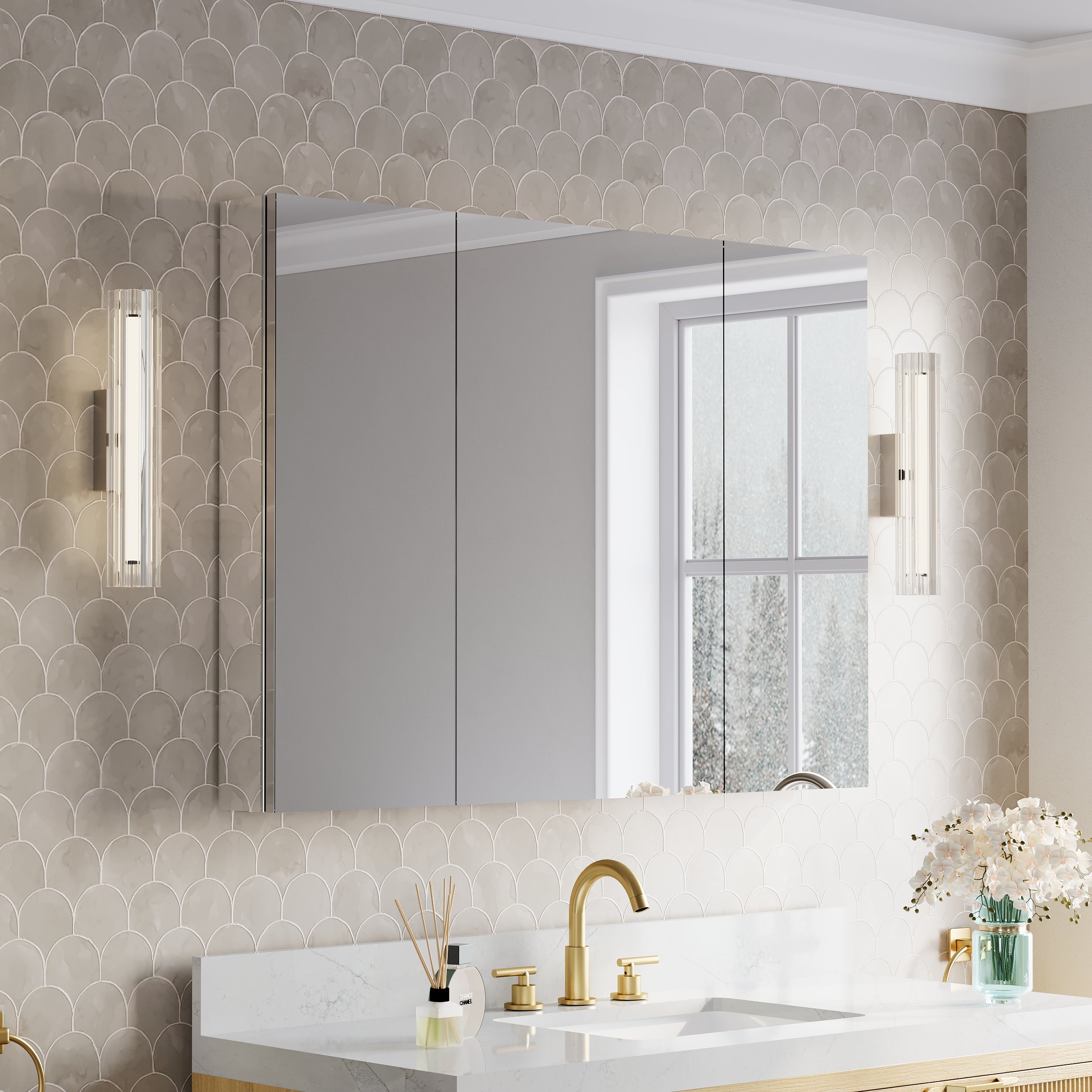 44 in.×32 in.H Copper-Free Mirror Medicine Cabinet with Soft-Close Blum® Hinges and 3 Doors