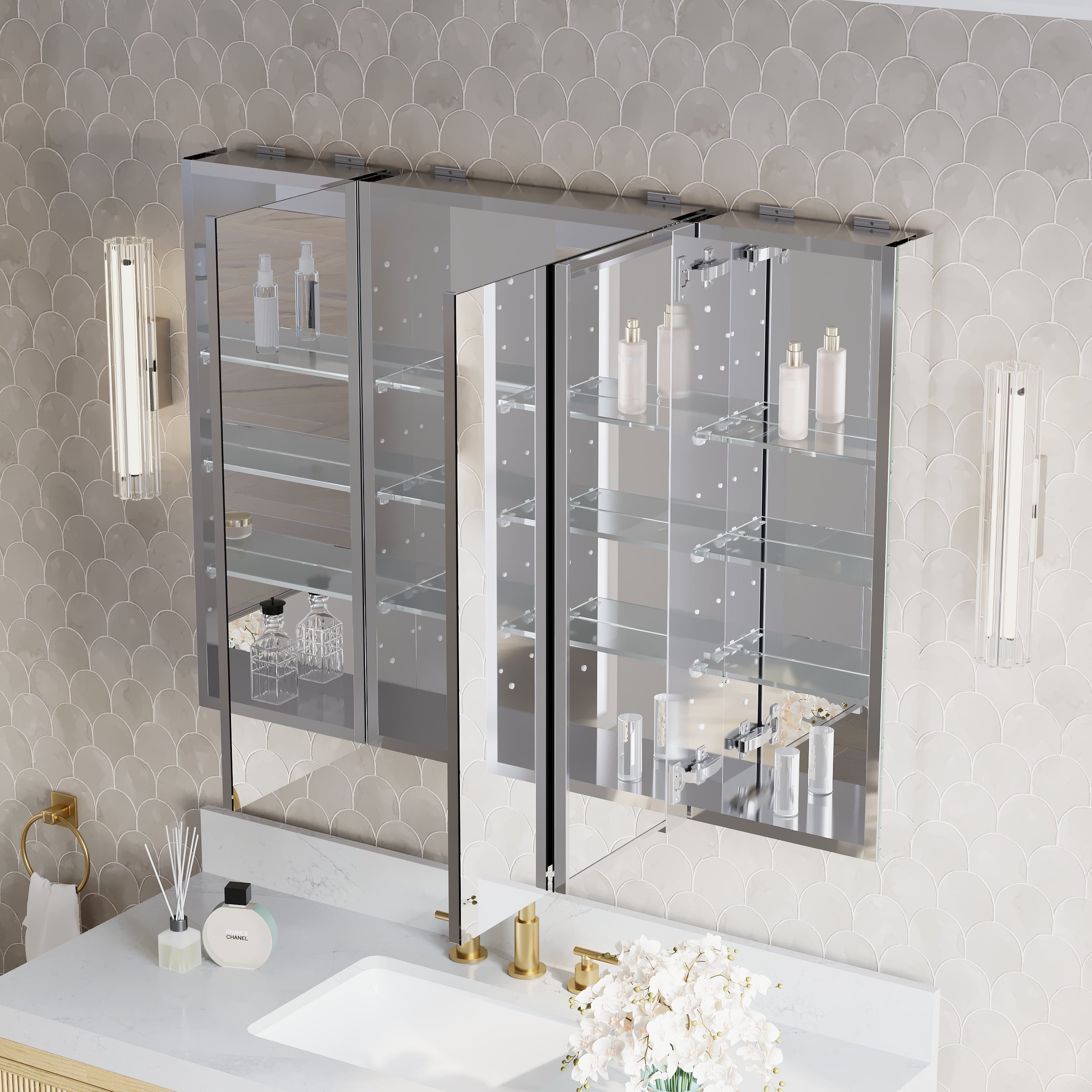 44 in.×32 in.H Copper-Free Mirror Medicine Cabinet with Soft-Close Blum® Hinges and 3 Doors