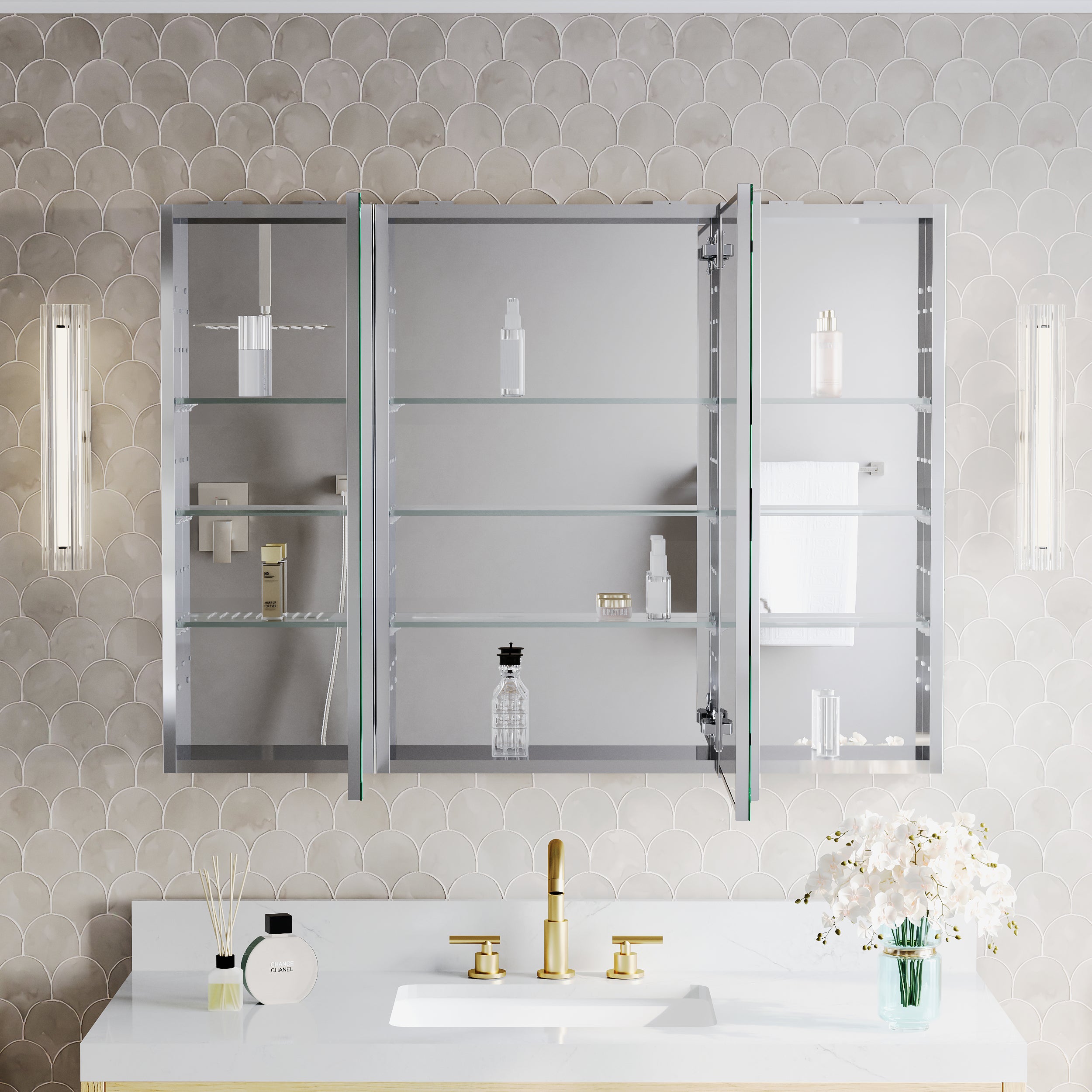 44 in.×32 in.H Copper-Free Mirror Medicine Cabinet with Soft-Close Blum® Hinges and 3 Doors