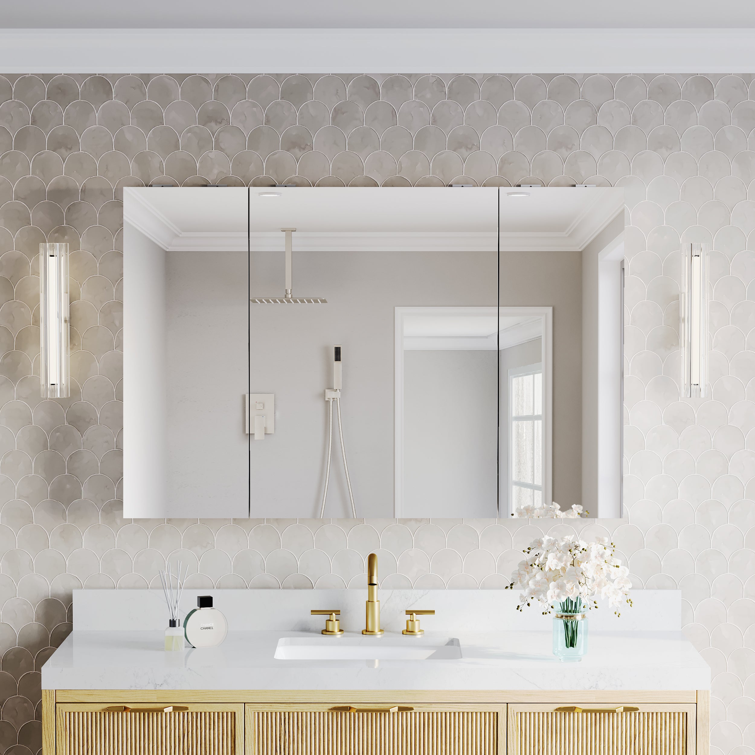 48 in.×32 in.H Copper-Free Mirror Medicine Cabinet with Soft-Close Blum® Hinges and 3 Doors