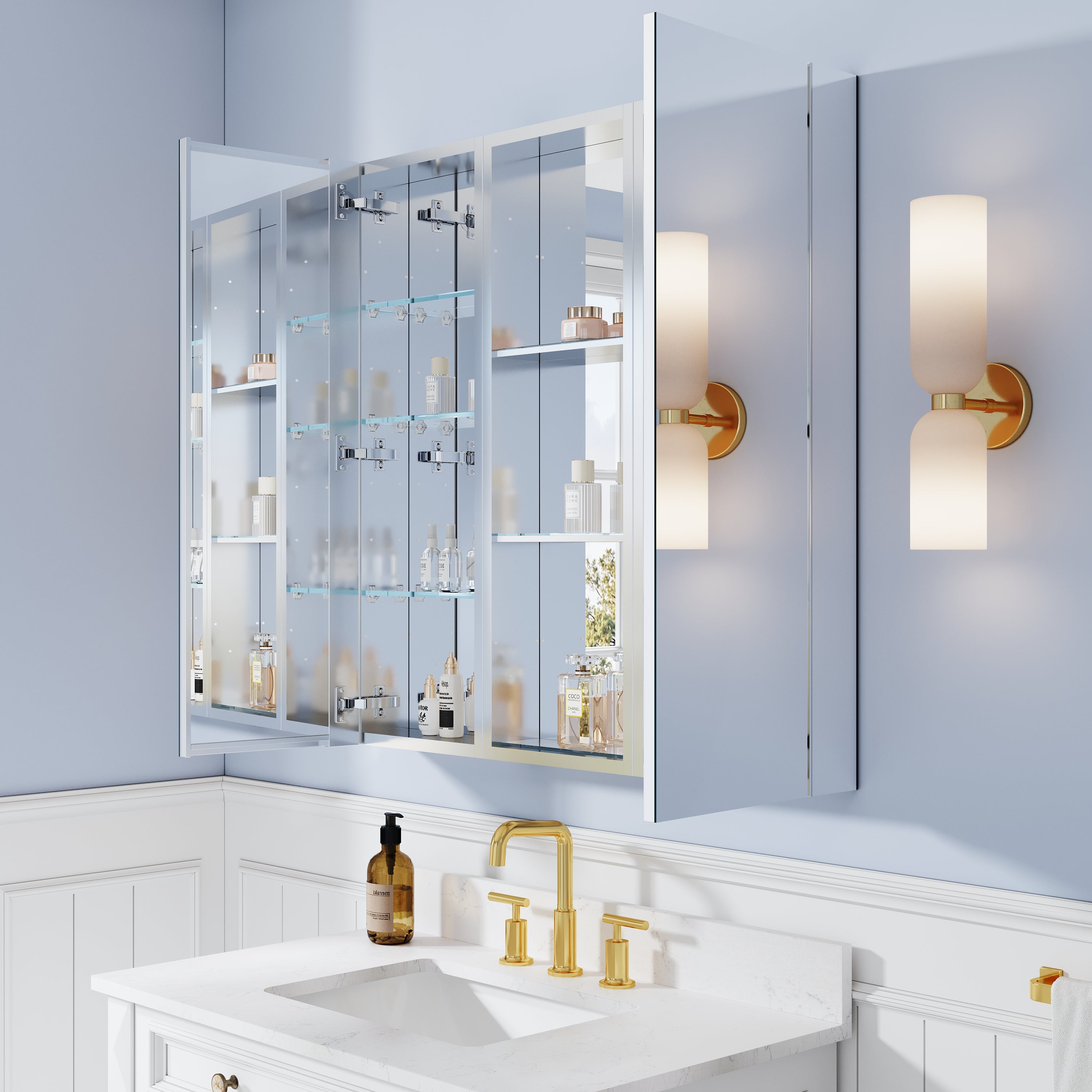 36 in. ×36 in. Bathroom Medicine Cabinet Set with Copper-Free Tri-View Mirror and Open Side Cabinet, Recessed or Surface Mount