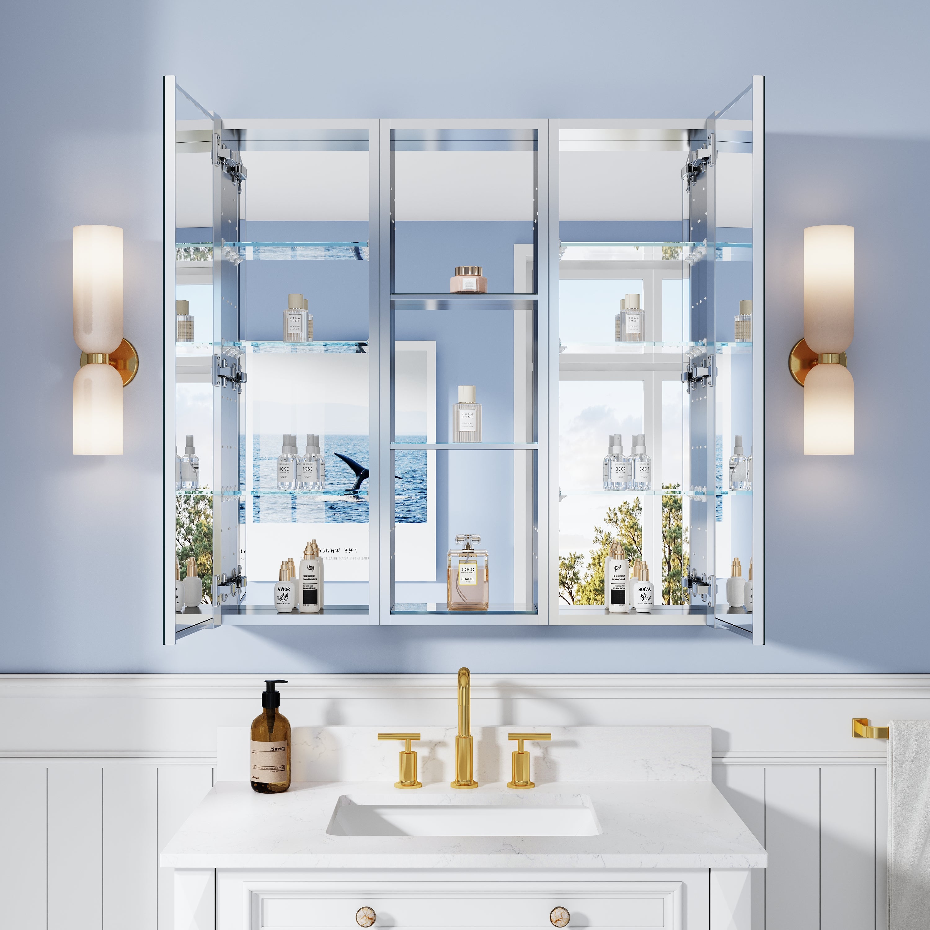 36 in. ×36 in. Bathroom Medicine Cabinet Set with Copper-Free Tri-View Mirror and Open Side Cabinet, Recessed or Surface Mount