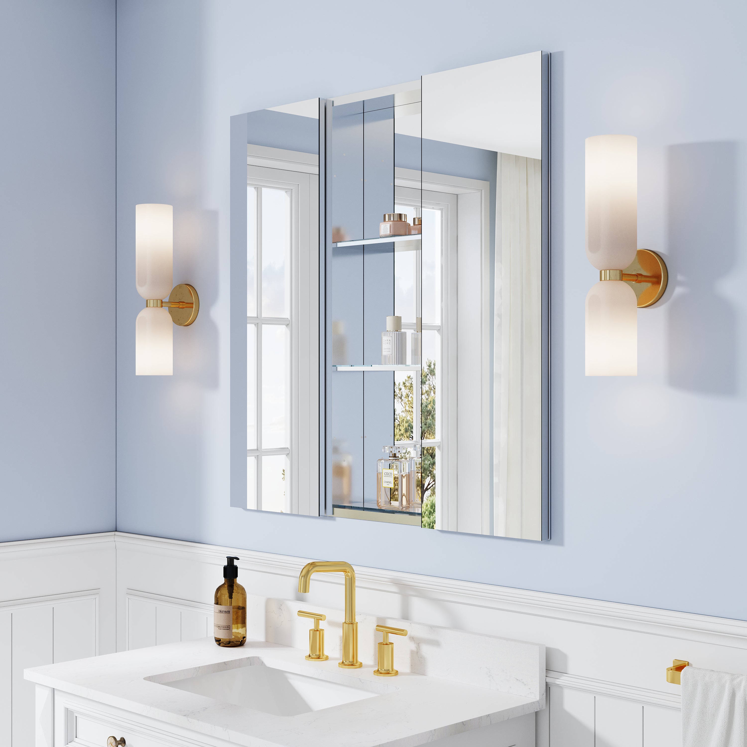 36 in. ×36 in. Bathroom Medicine Cabinet Set with Copper-Free Tri-View Mirror and Open Side Cabinet, Recessed or Surface Mount