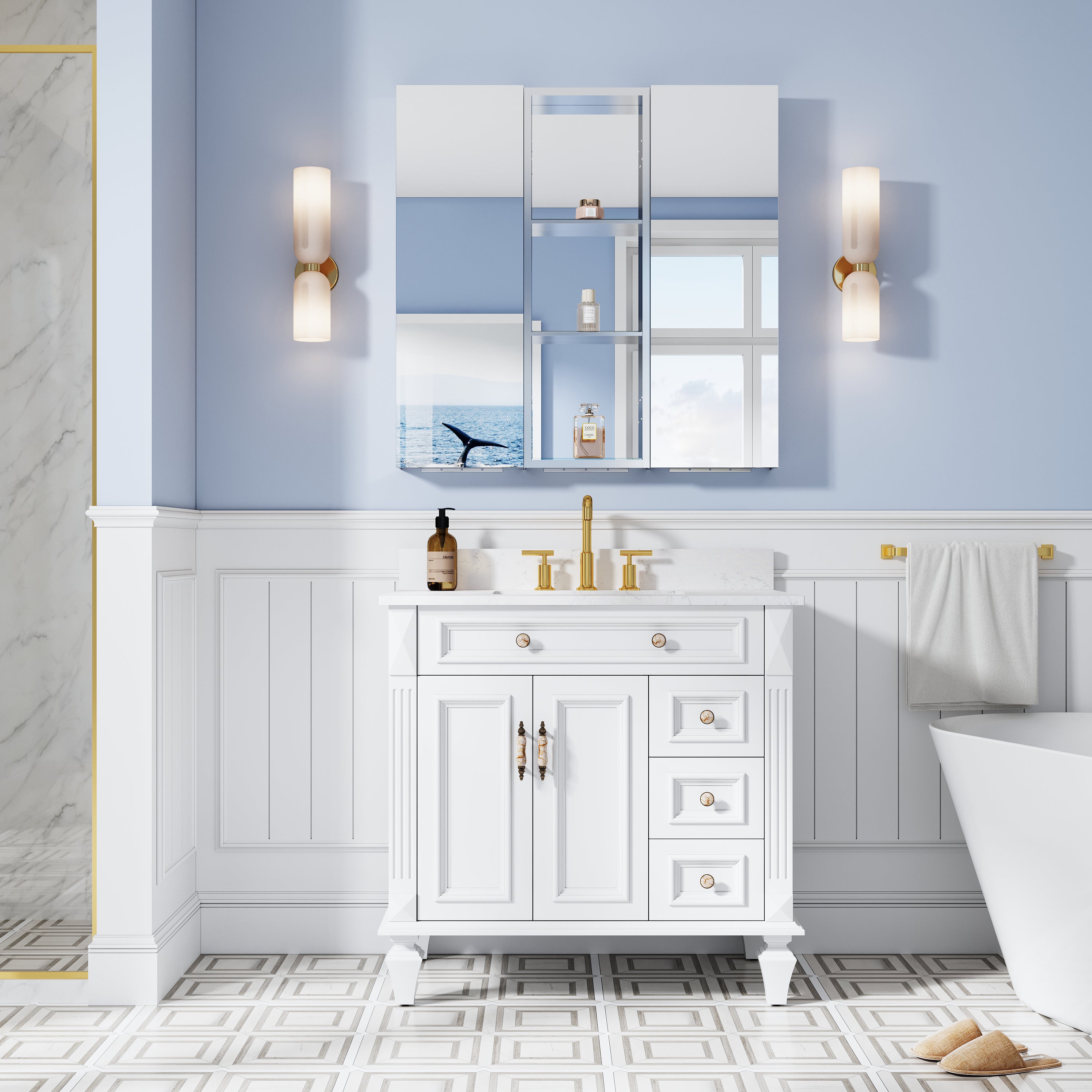 36 in. ×36 in. Bathroom Medicine Cabinet Set with Copper-Free Tri-View Mirror and Open Side Cabinet, Recessed or Surface Mount