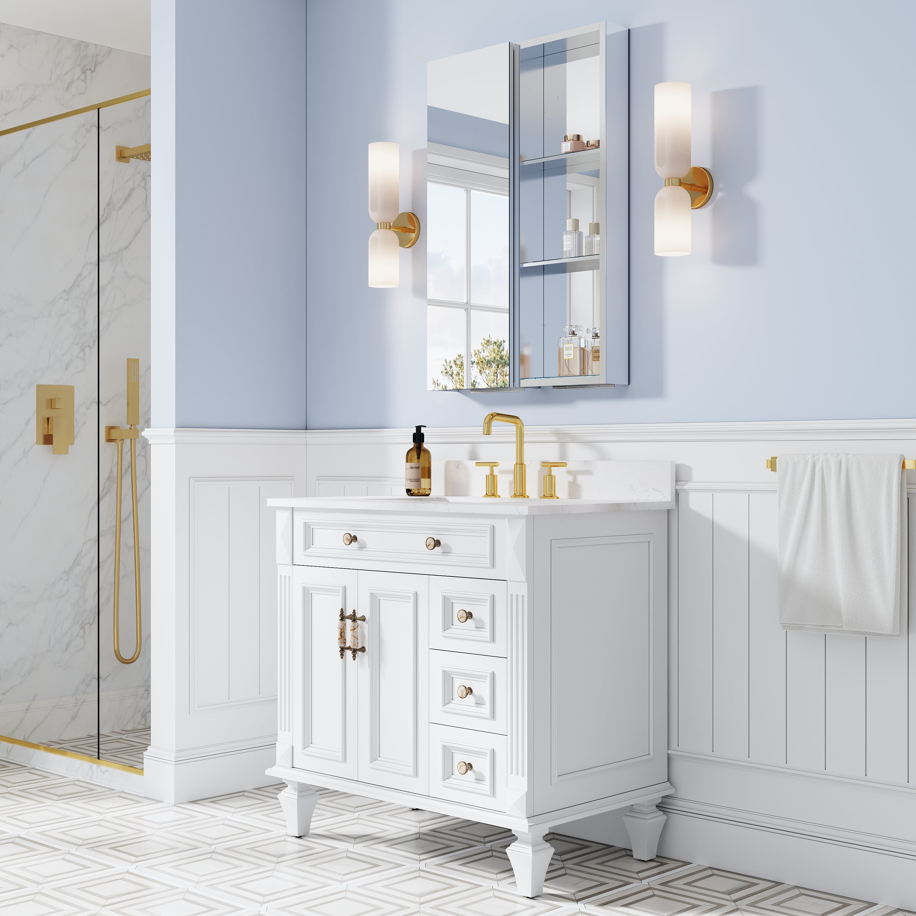 24 in. ×36 in. Bathroom Medicine Cabinet Set with Copper-Free Tri-View Mirror and Open Side Cabinet, Recessed or Surface Mount