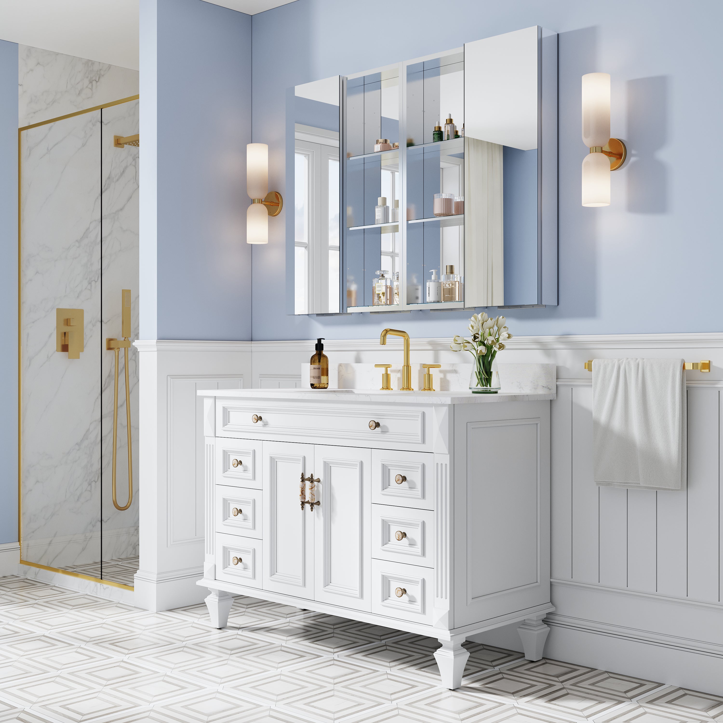 48 in. ×36 in. Bathroom Medicine Cabinet Set with Copper-Free Tri-View Mirror and Open Side Cabinet, Recessed or Surface Mount