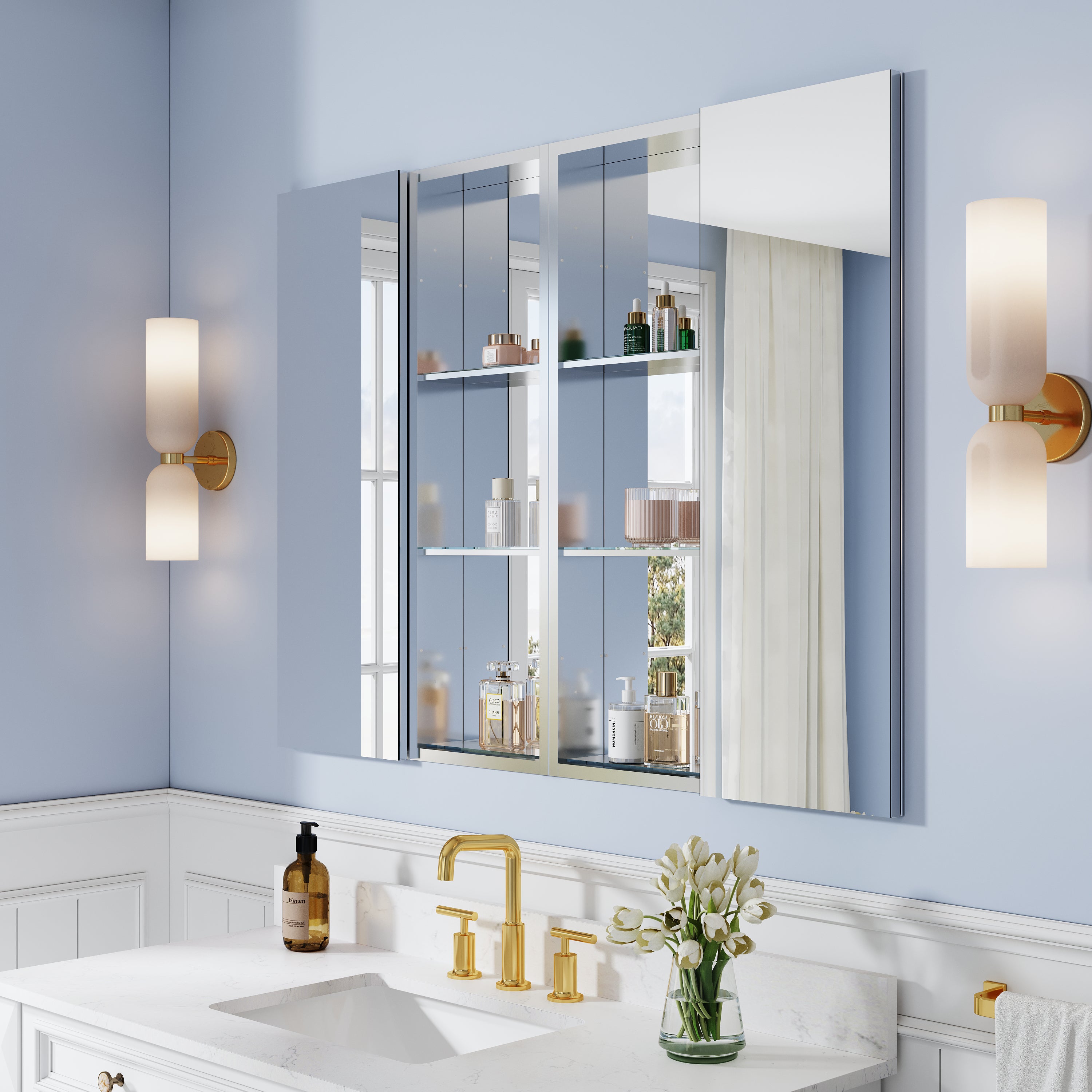 48 in. ×36 in. Bathroom Medicine Cabinet Set with Copper-Free Tri-View Mirror and Open Side Cabinet, Recessed or Surface Mount