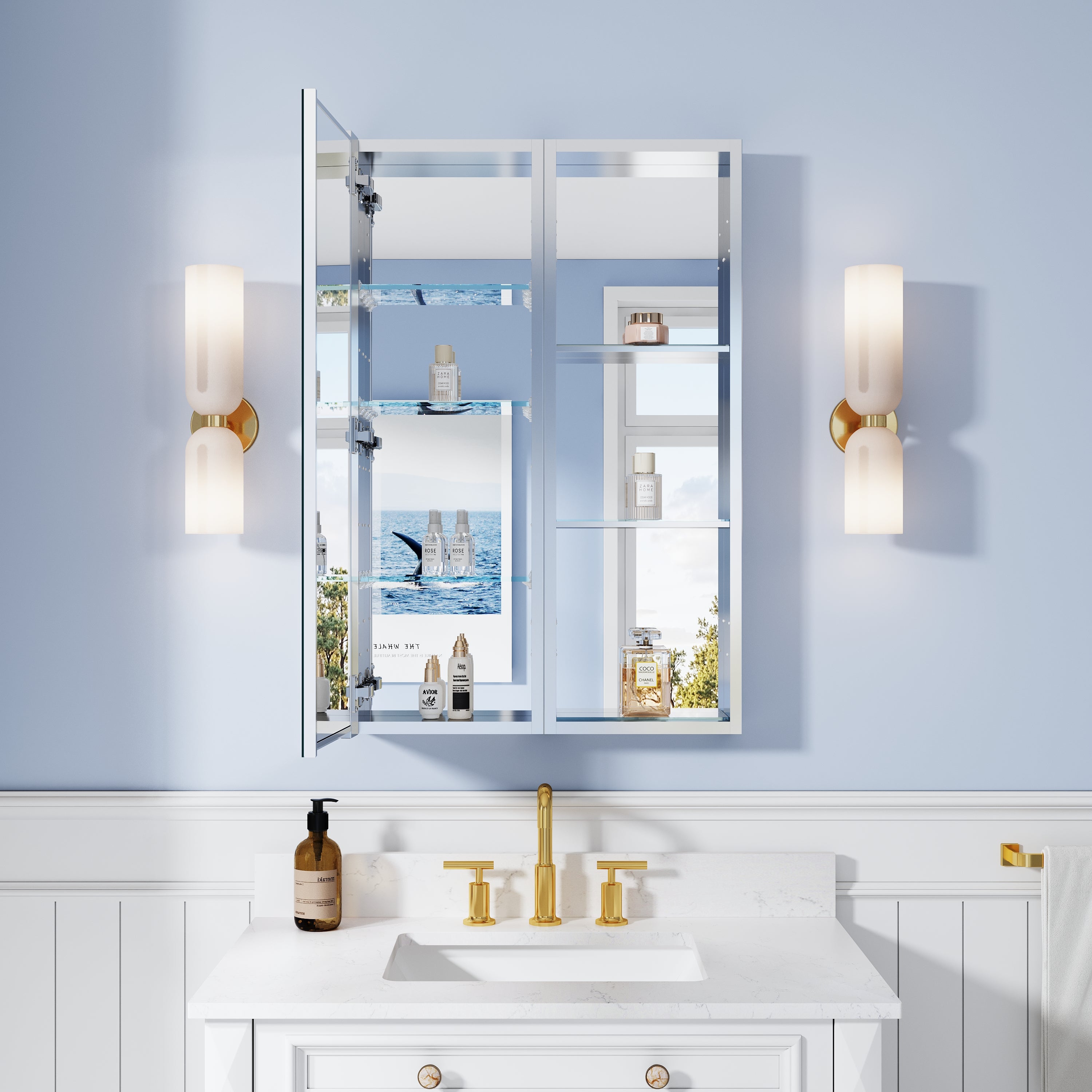 24 in. ×36 in. Bathroom Medicine Cabinet Set with Copper-Free Tri-View Mirror and Open Side Cabinet, Recessed or Surface Mount