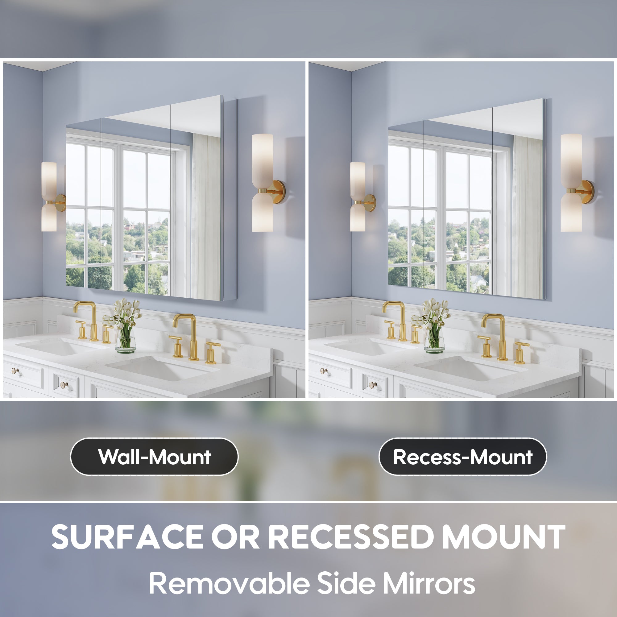 44 in. ×36 in. Copper-Free Tri-Views Mirror Medicine Cabinet with Adjustable Shelves and 3 Doors