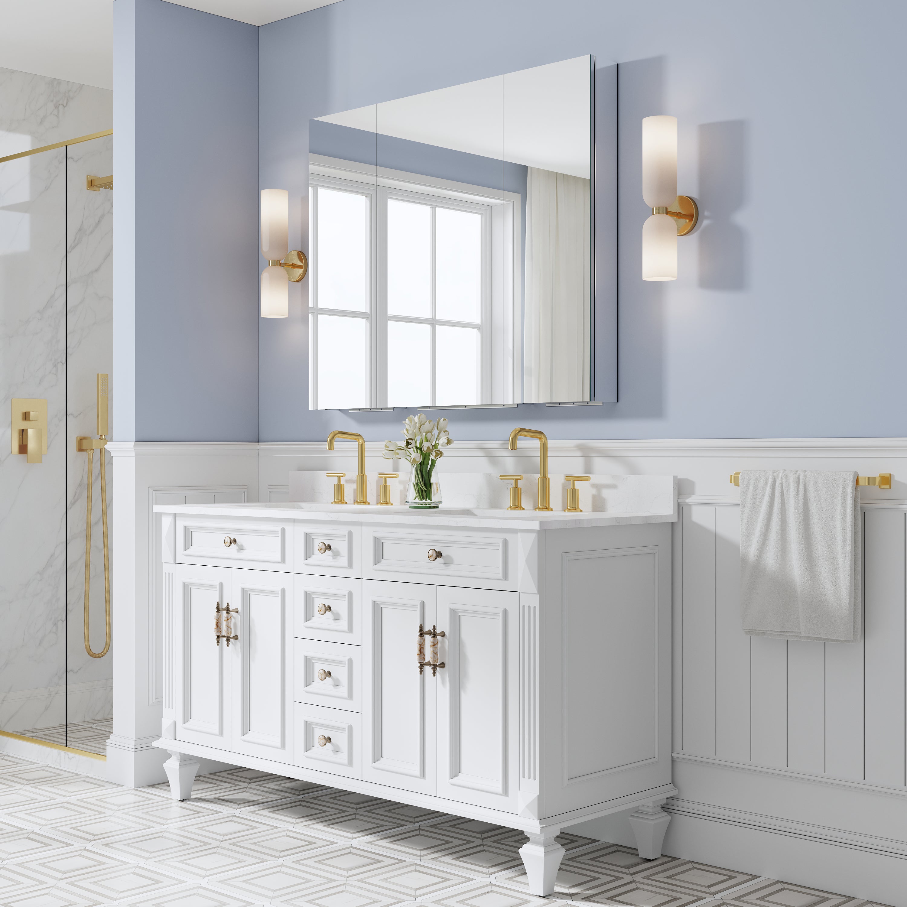 44 in. ×36 in. Copper-Free Tri-Views Mirror Medicine Cabinet with Adjustable Shelves and 3 Doors