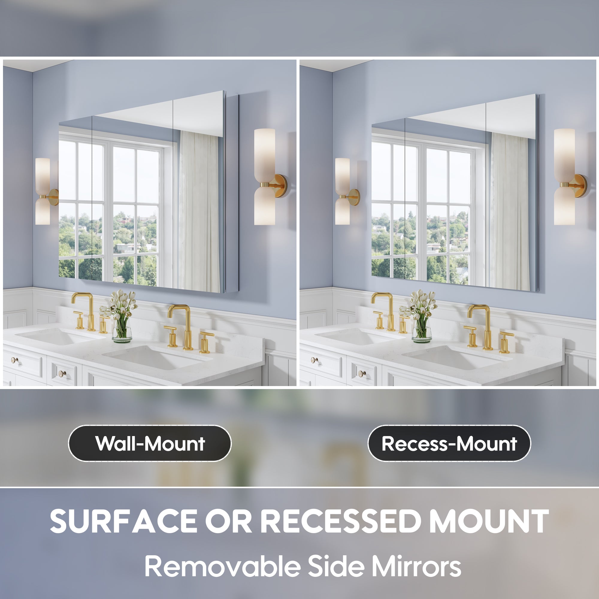 48 in. ×36 in. Copper-Free Tri-Views Mirror Medicine Cabinet with Adjustable Shelves and 3 Doors