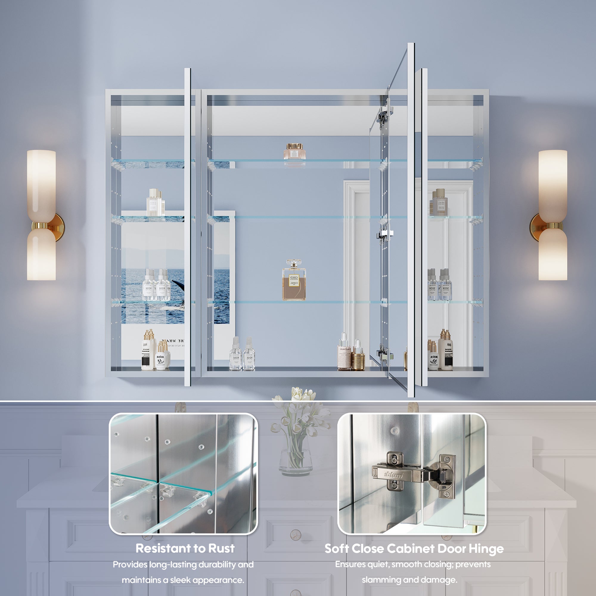 48 in. ×36 in. Copper-Free Tri-Views Mirror Medicine Cabinet with Adjustable Shelves and 3 Doors