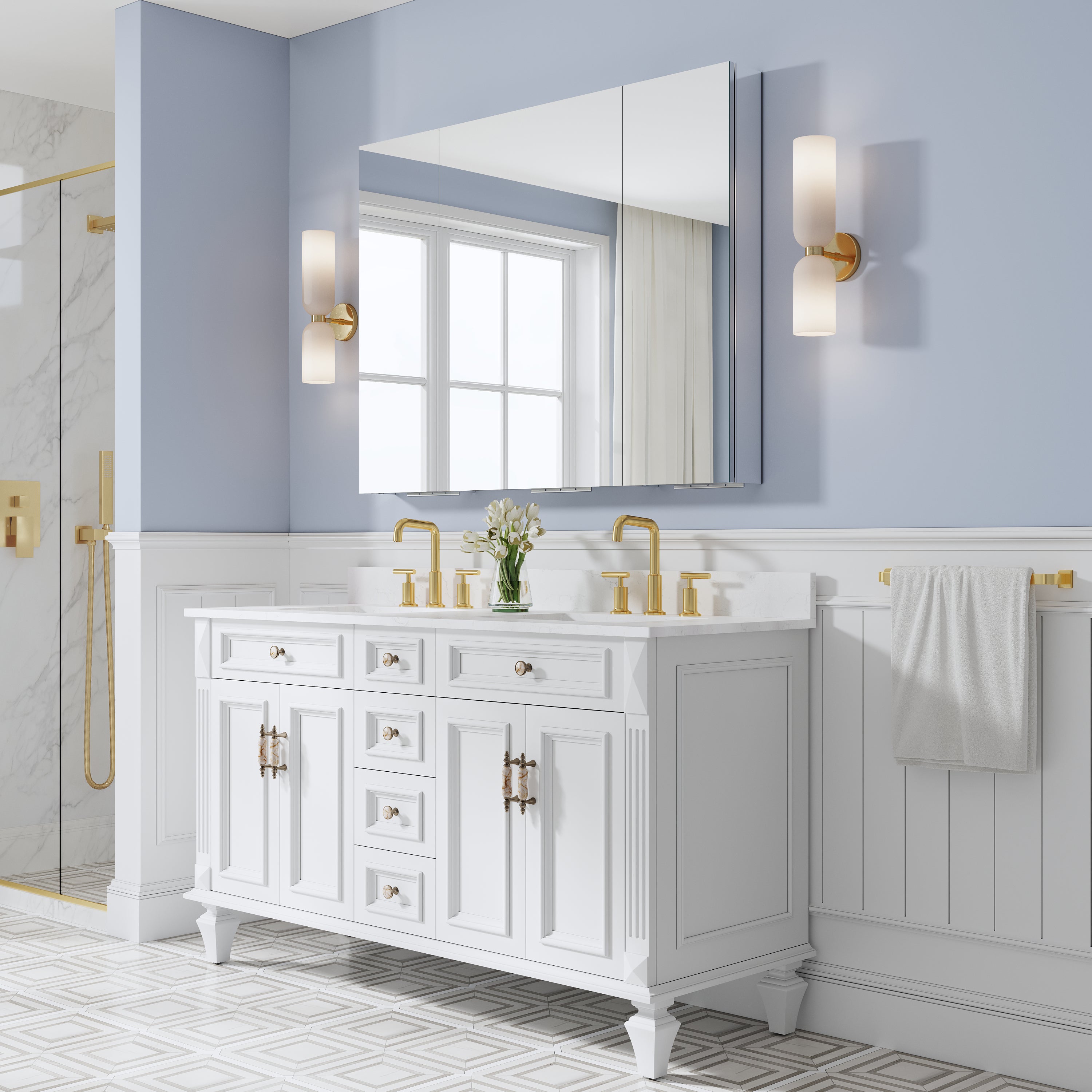 48 in. ×36 in. Copper-Free Tri-Views Mirror Medicine Cabinet with Adjustable Shelves and 3 Doors