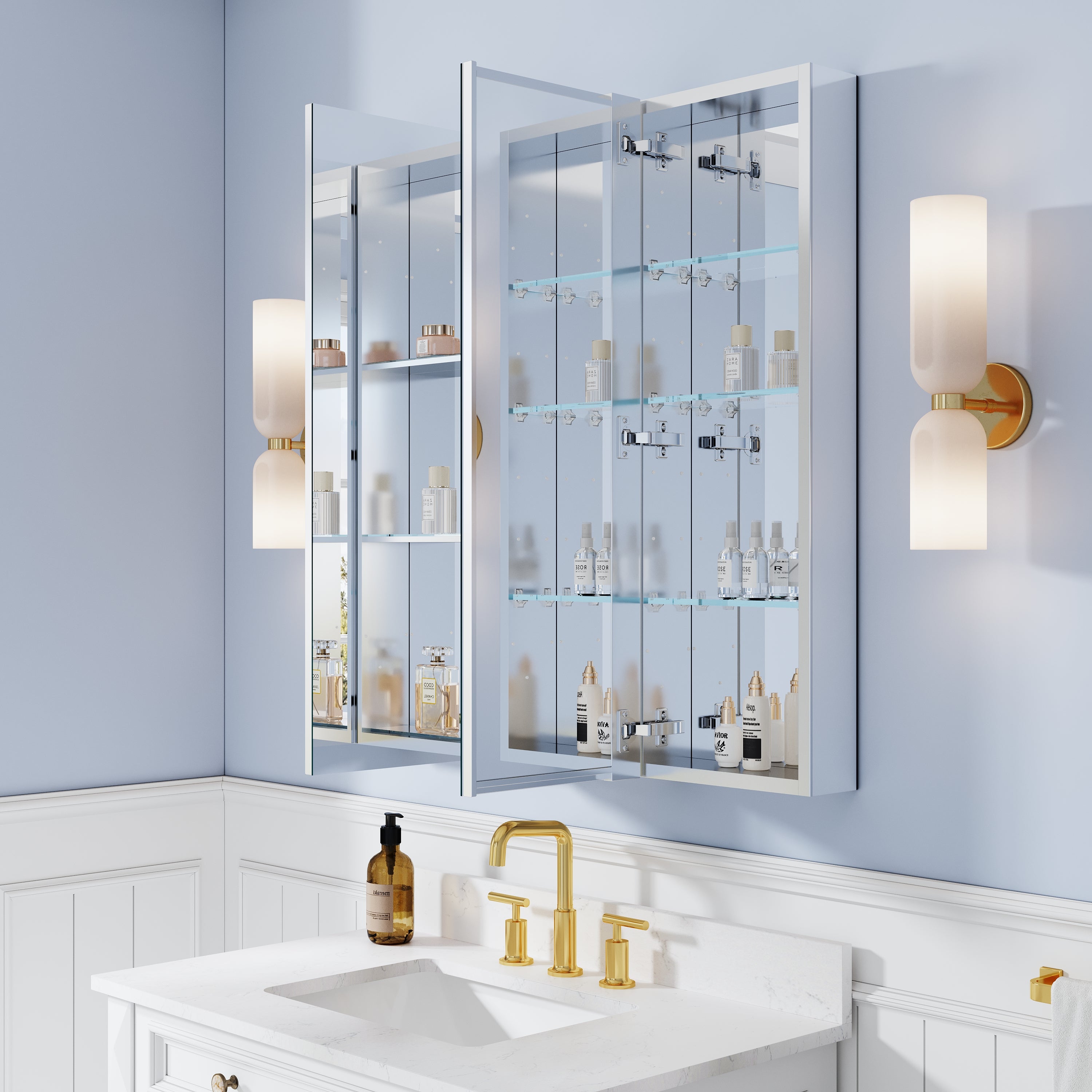 36 in. ×36 in. Bathroom Medicine Cabinet Set with Copper-Free Tri-View Mirror and Open Side Cabinet, Recessed or Surface Mount