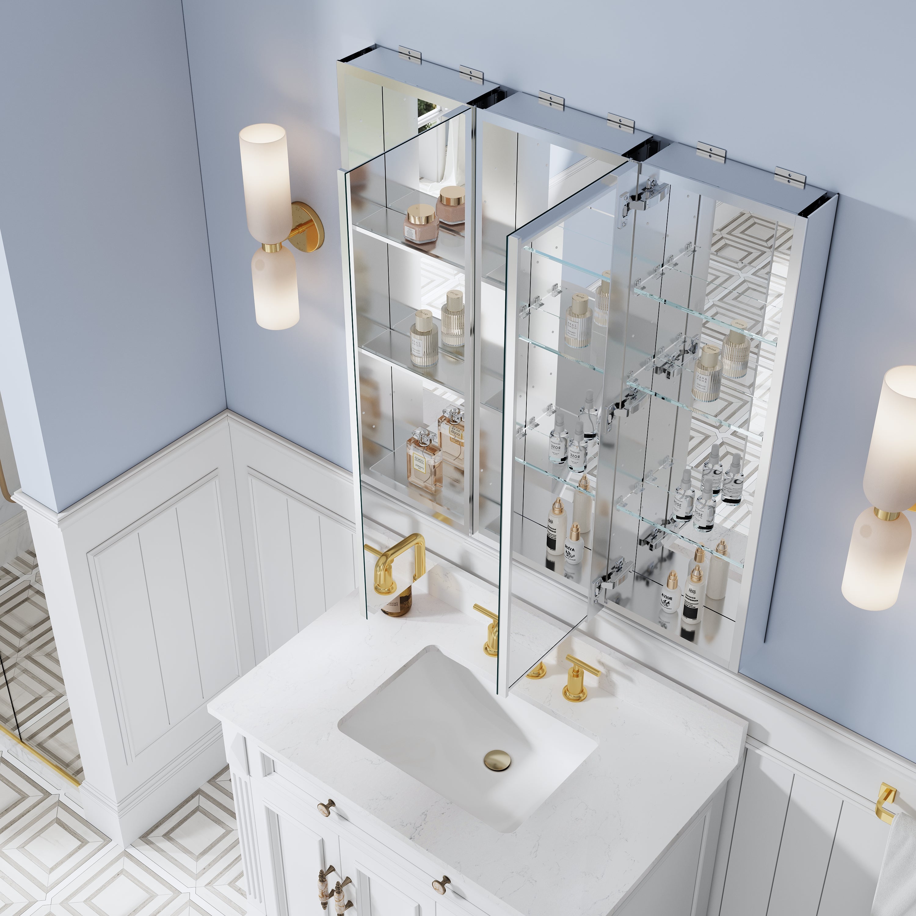 36 in. ×36 in. Bathroom Medicine Cabinet Set with Copper-Free Tri-View Mirror and Open Side Cabinet, Recessed or Surface Mount