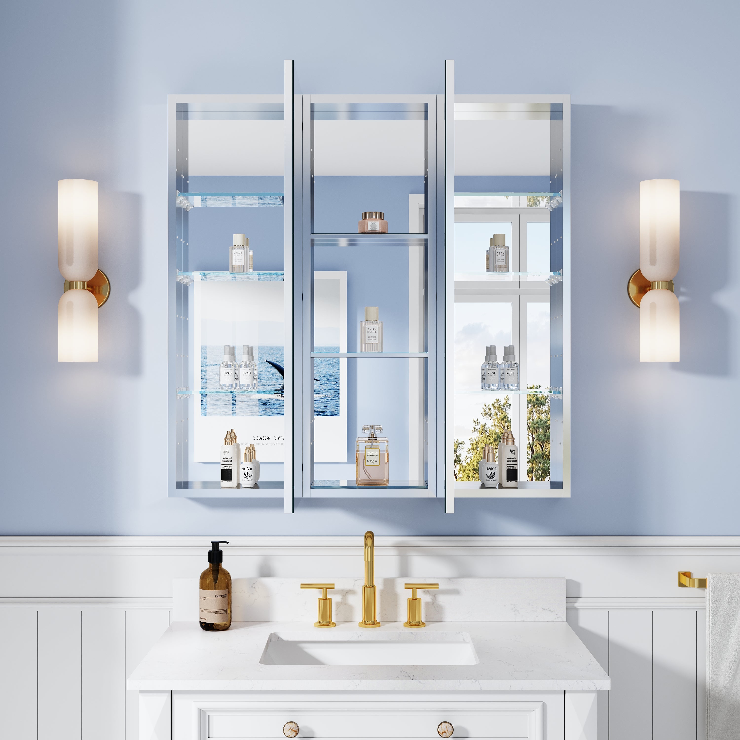 36 in. ×36 in. Bathroom Medicine Cabinet Set with Copper-Free Tri-View Mirror and Open Side Cabinet, Recessed or Surface Mount