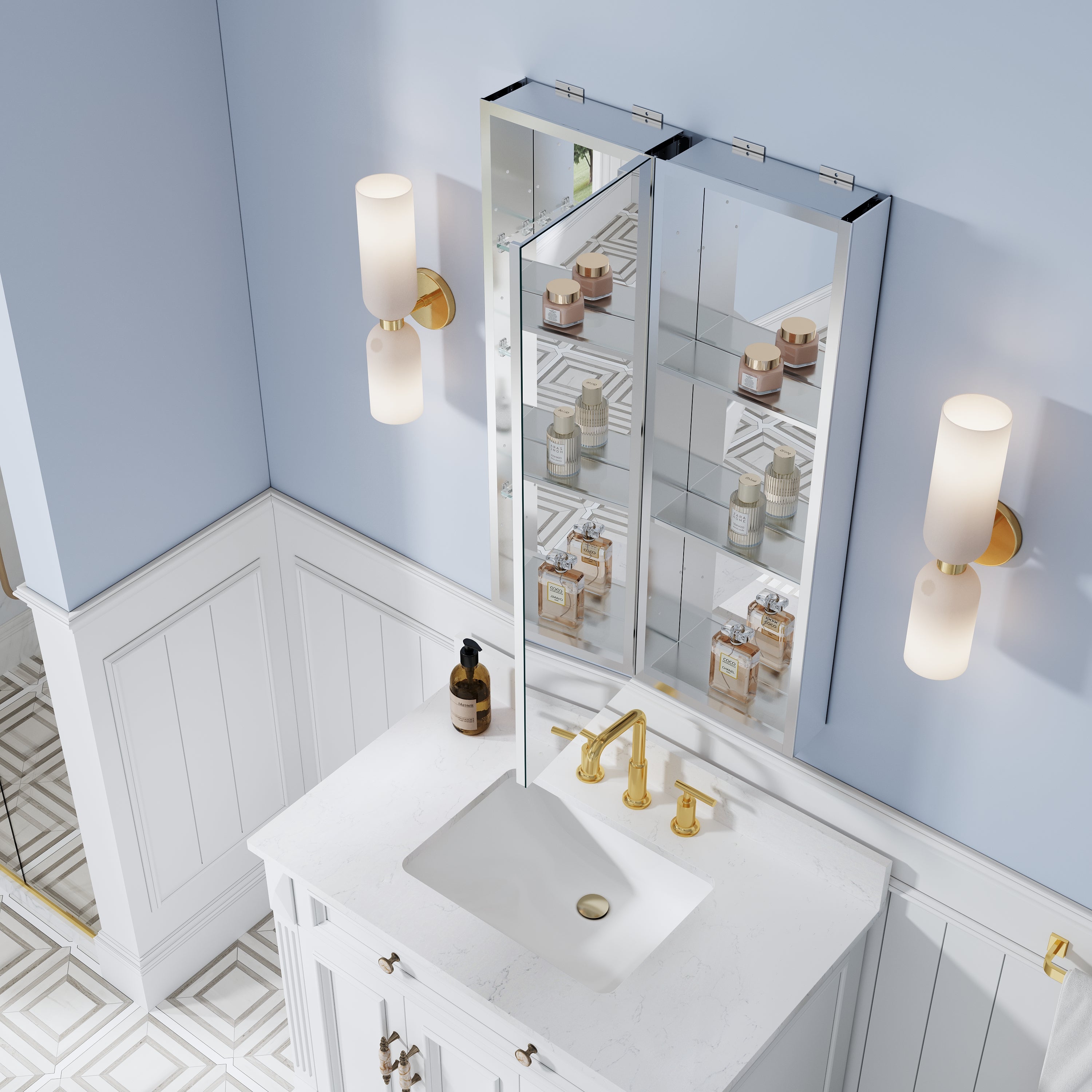 24 in. ×36 in. Bathroom Medicine Cabinet Set with Copper-Free Tri-View Mirror and Open Side Cabinet, Recessed or Surface Mount