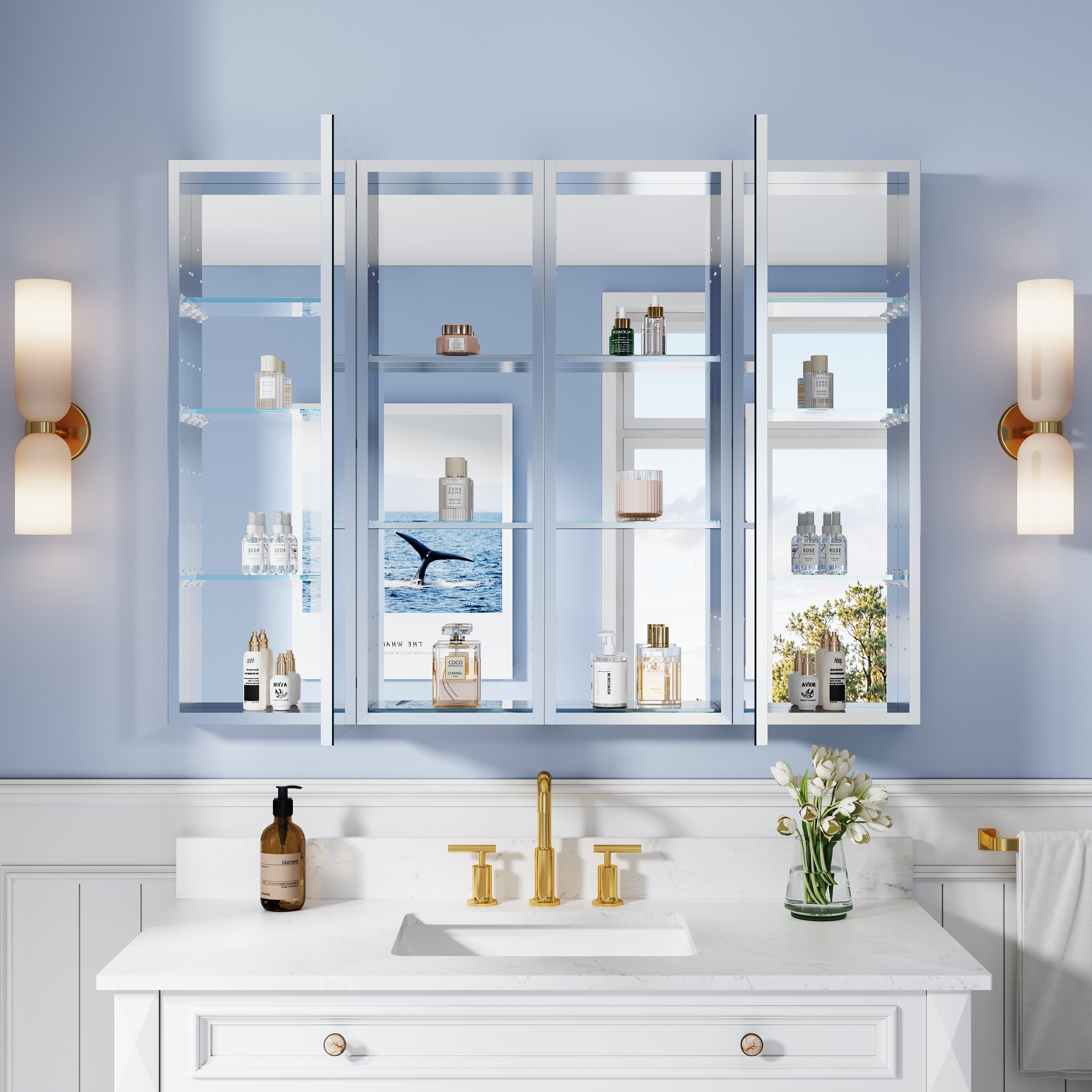 48 in. ×36 in. Bathroom Medicine Cabinet Set with Copper-Free Tri-View Mirror and Open Side Cabinet, Recessed or Surface Mount