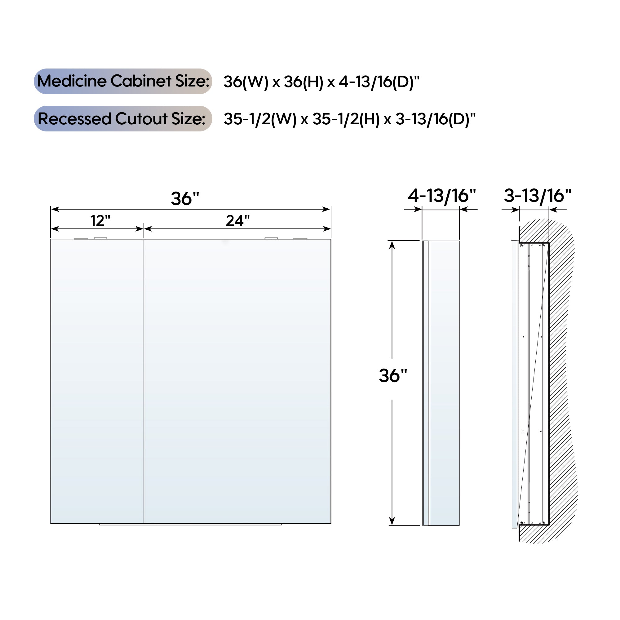 36 in. ×36 in. Copper-Free Tri-Views Mirror Medicine Cabinet with Adjustable Shelves and Dual Swing Doors