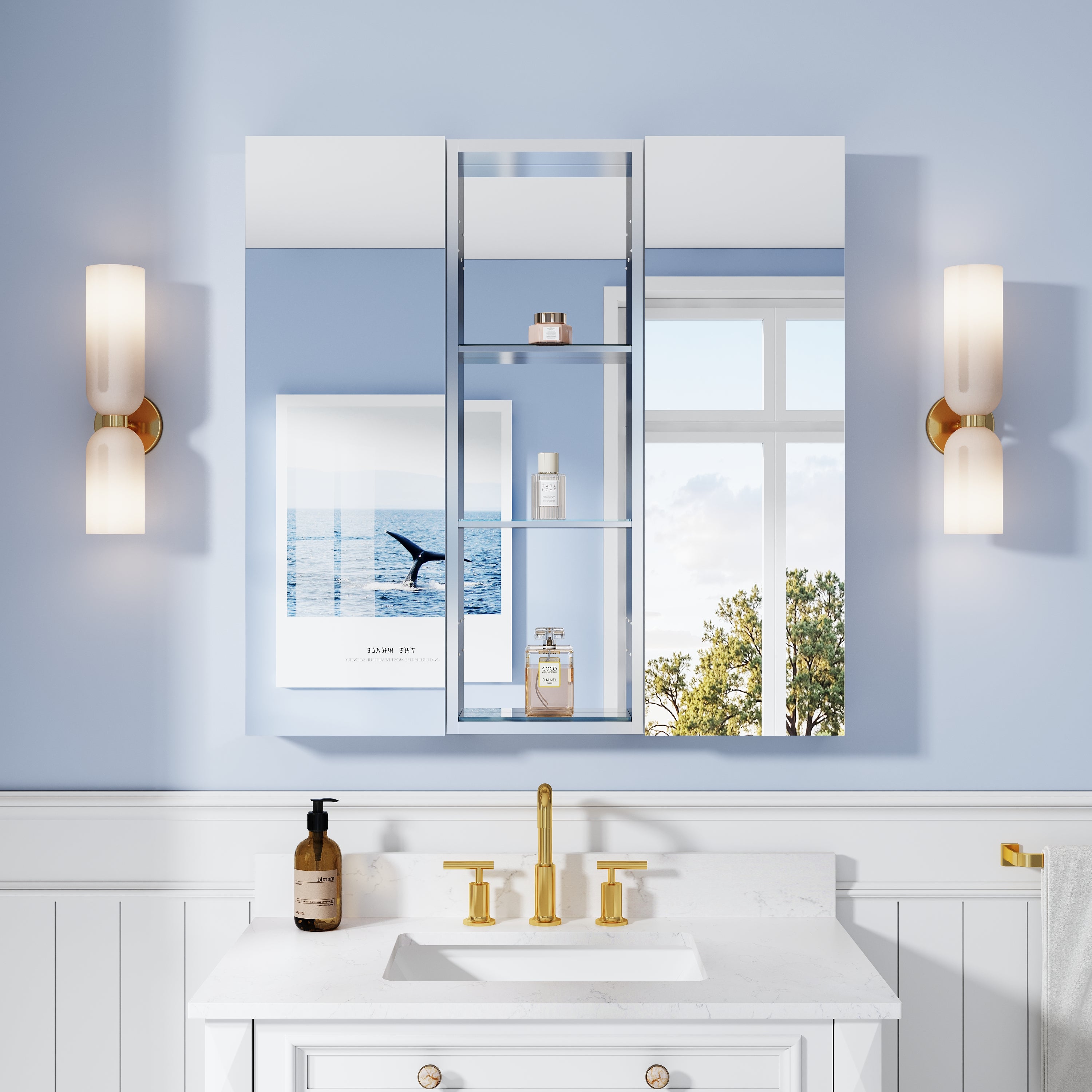 36 in. ×36 in. Bathroom Medicine Cabinet Set with Copper-Free Tri-View Mirror and Open Side Cabinet, Recessed or Surface Mount