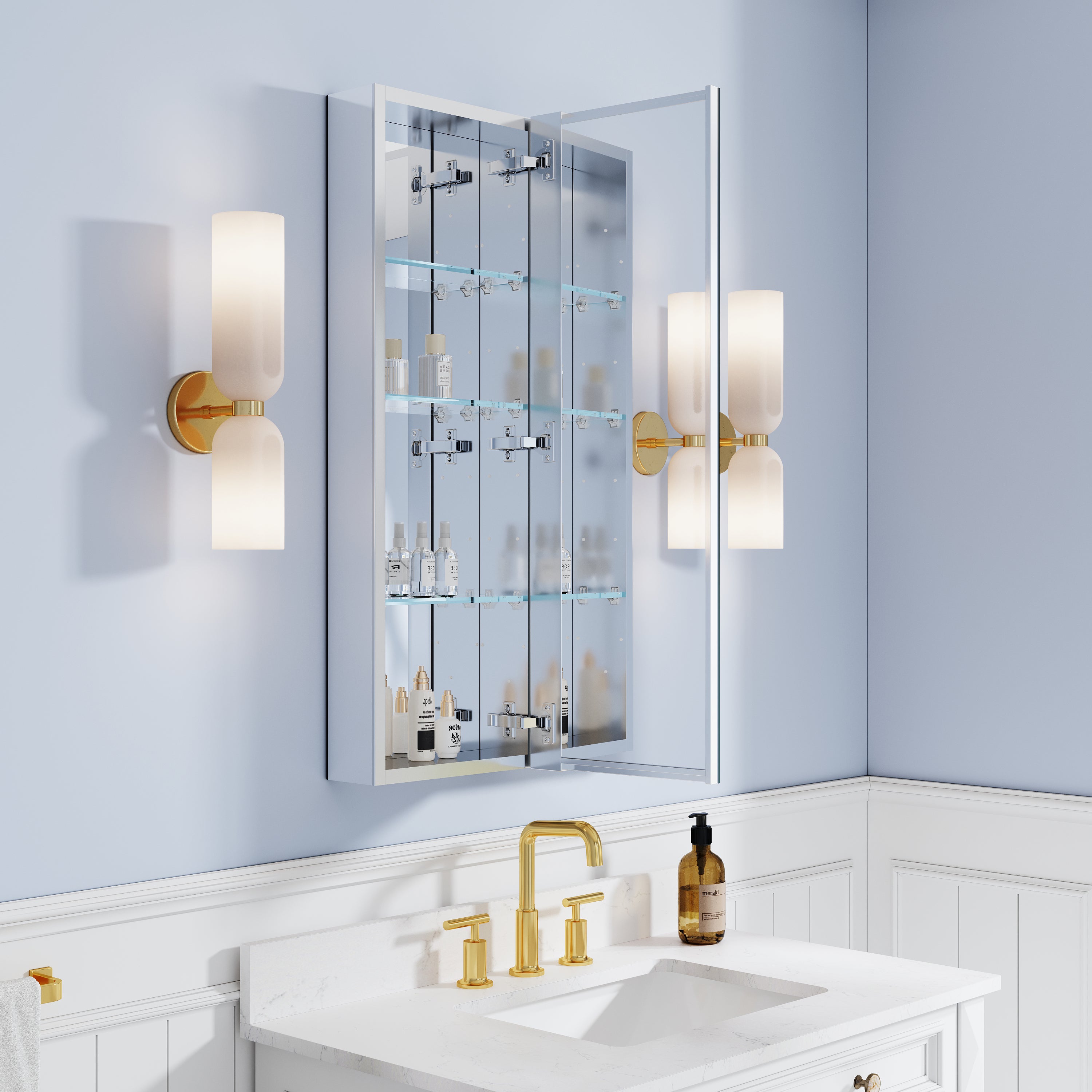 24 in. ×36 in. Bathroom Medicine Cabinet Set with Copper-Free Tri-View Mirror and Open Side Cabinet, Recessed or Surface Mount