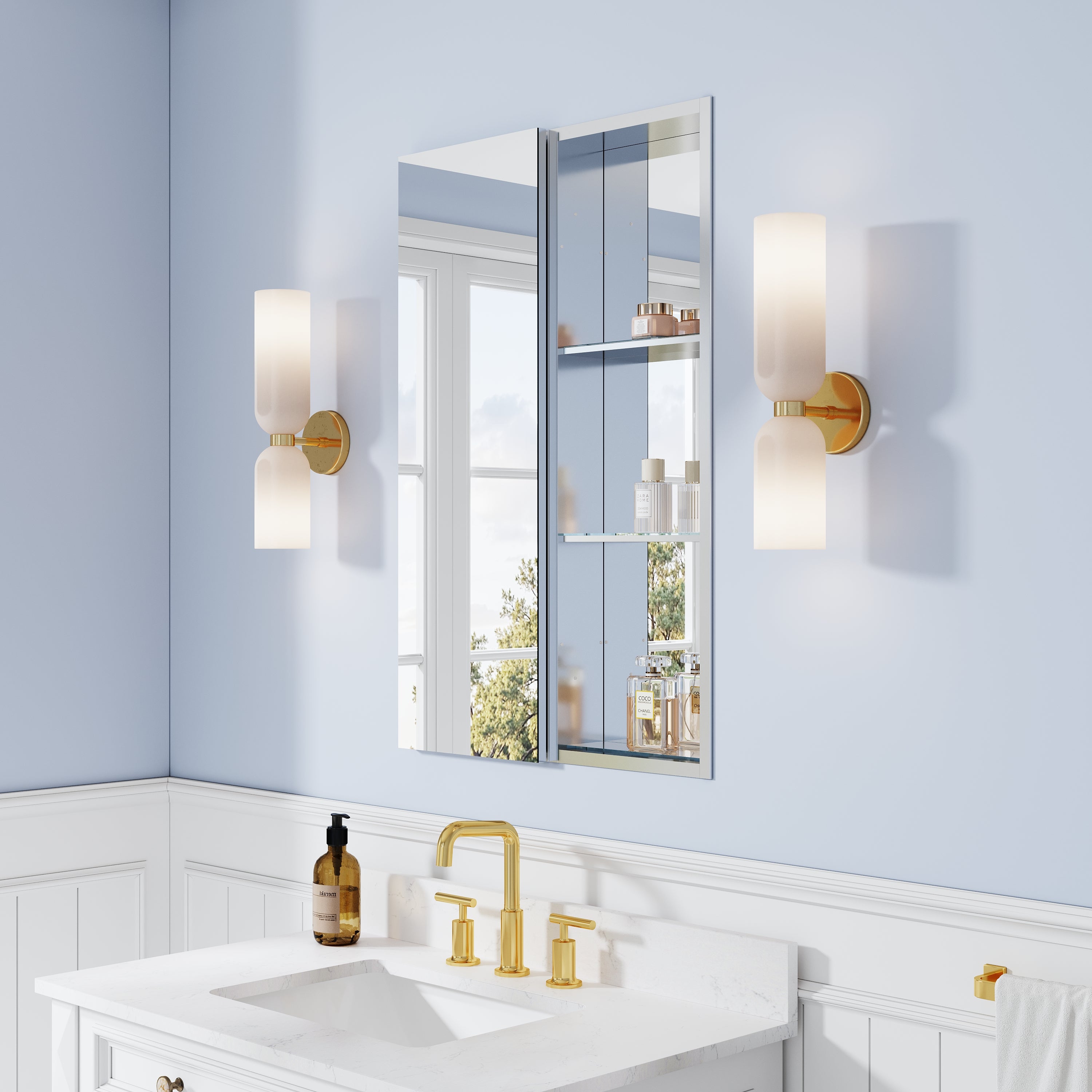 24 in. ×36 in. Bathroom Medicine Cabinet Set with Copper-Free Tri-View Mirror and Open Side Cabinet, Recessed or Surface Mount