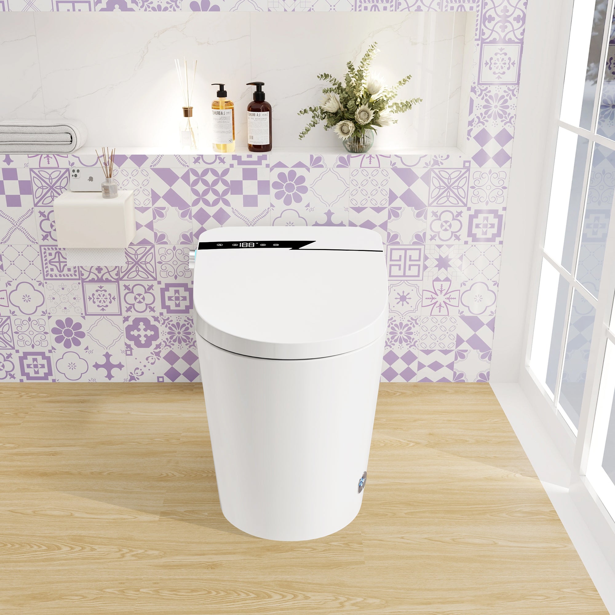 Smart Bidet Toilet with One-Click Knob, Foot Sensor Function, Auto Flush, LED Display in White