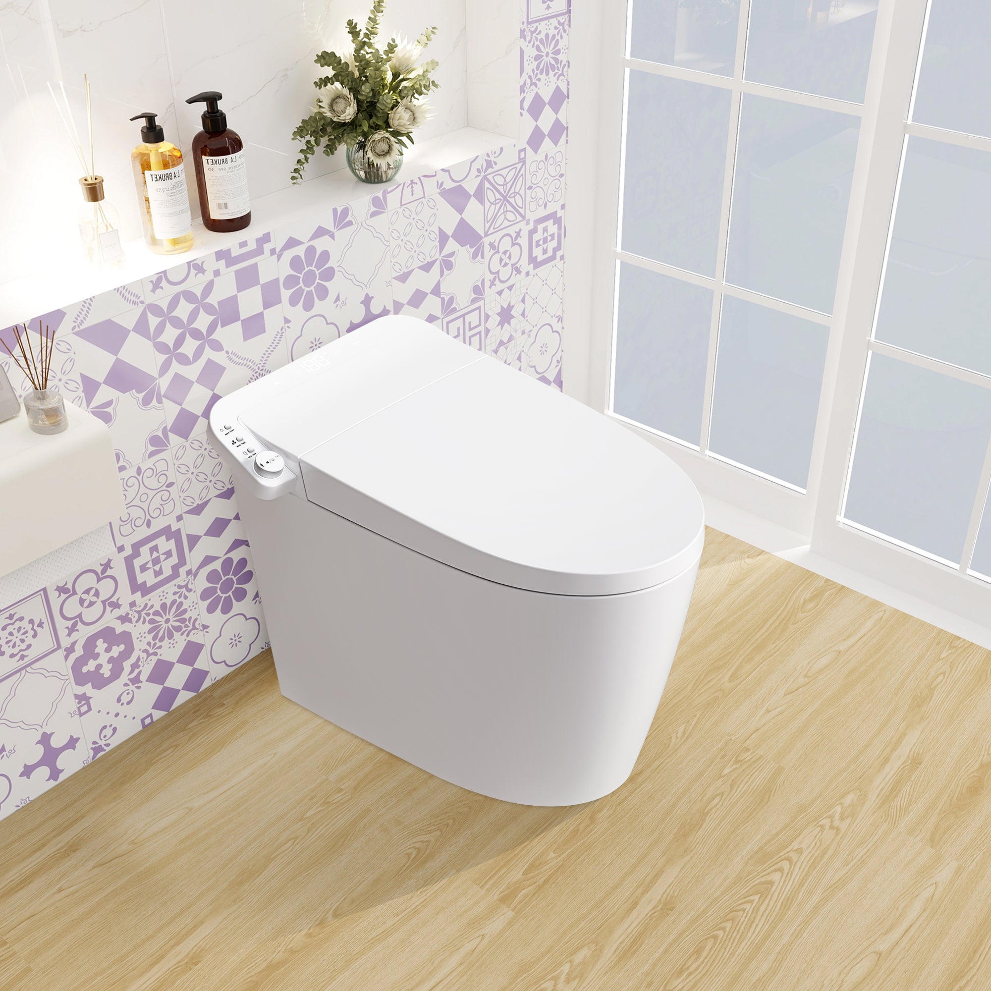 Smart Bidet Toilet in White with One-Click Knob, Foot Sensor Function, Auto Flush, LED Display