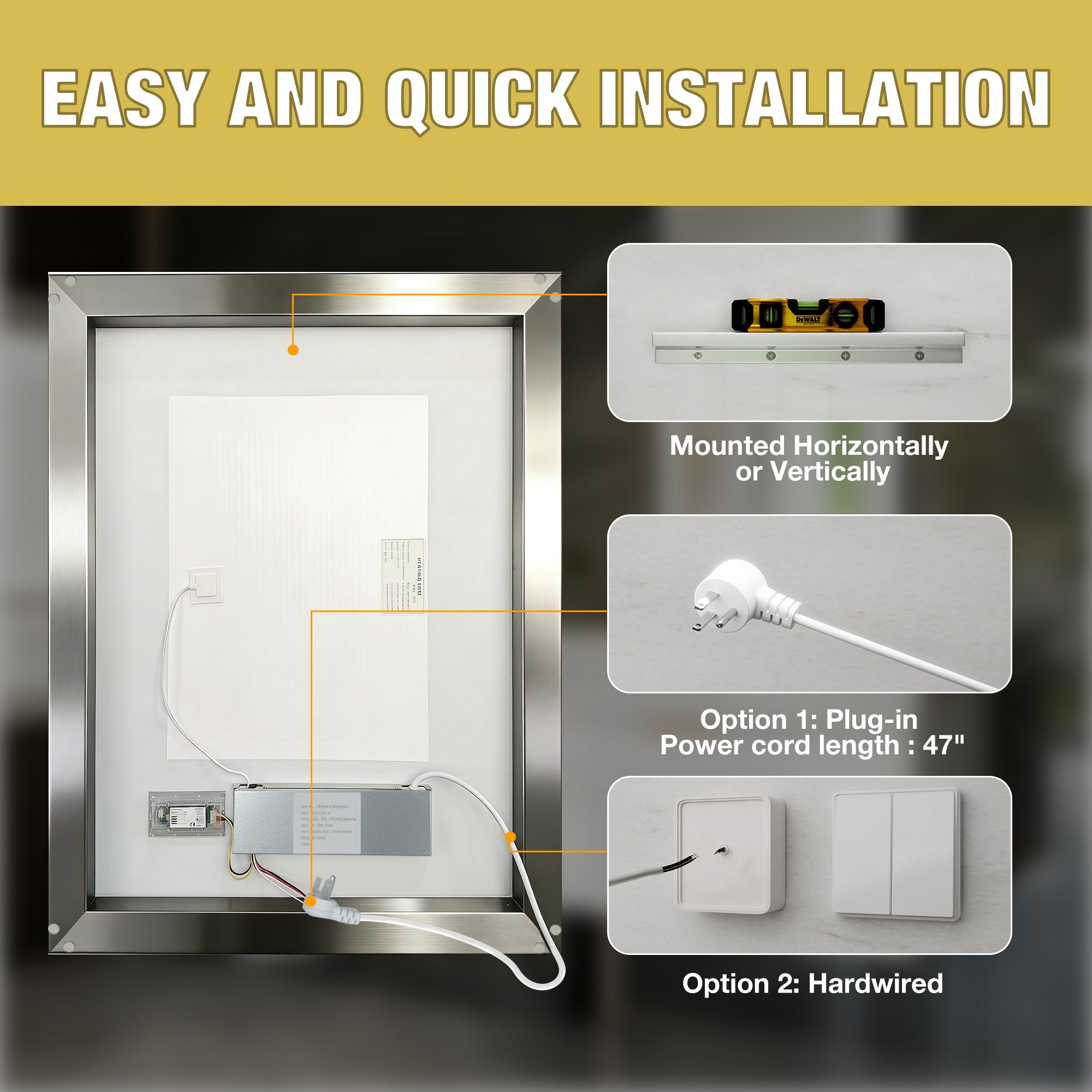 22 in. W x 34 in. Aluminum Framed LED Bathroom Mirror - Anti-Fog, Dimmable, Smart Memory, Brushed Nickel