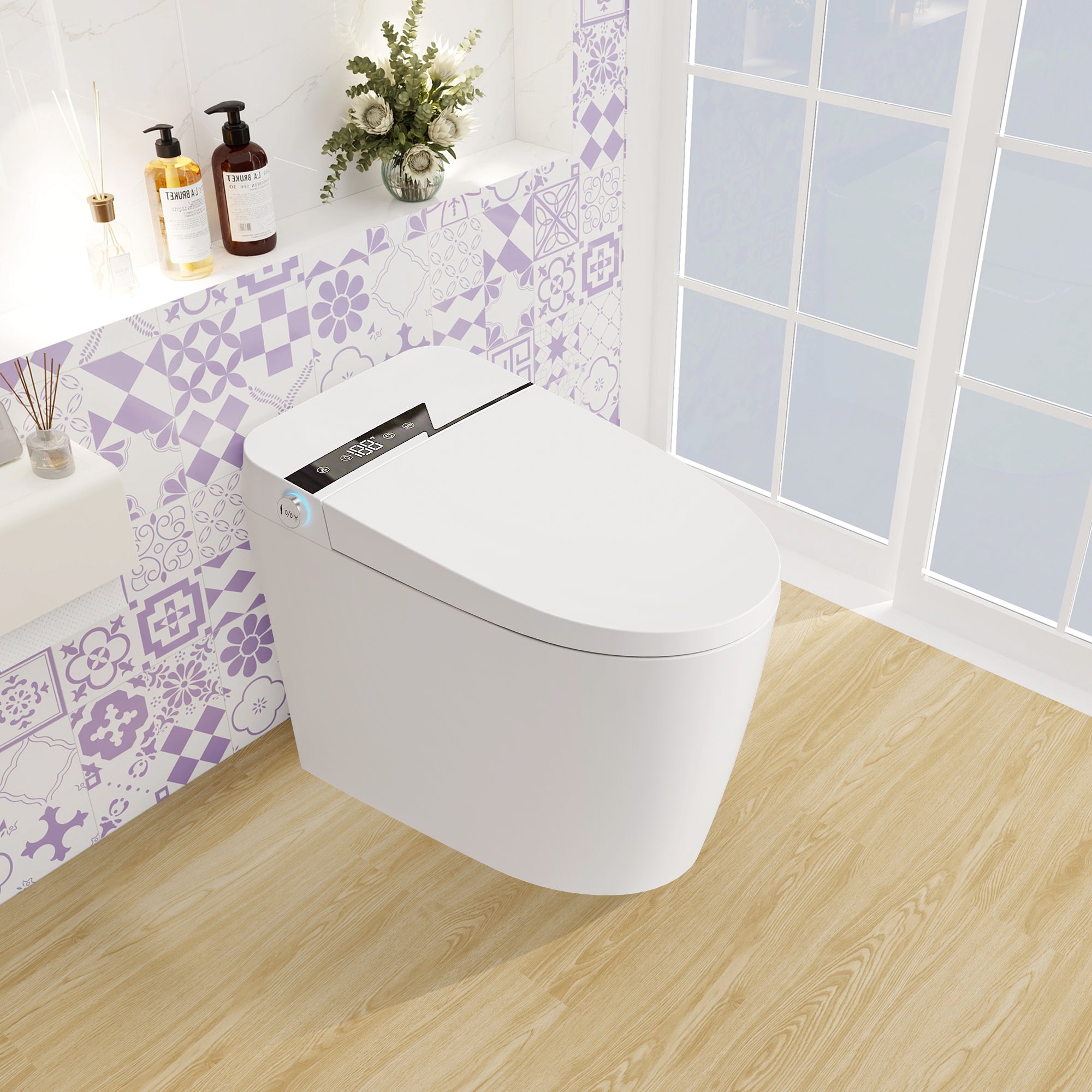 Smart Bidet Toilet with One-Click Knob, Foot Sensor Function, Auto Flush, LED Display in White