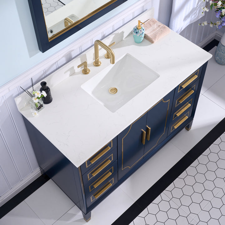 Melody 48 in. W x 22 in. D x 35 in. H Freestanding Bathroom Vanity in Navy Blue with Carrara White Quartz Vanity Top