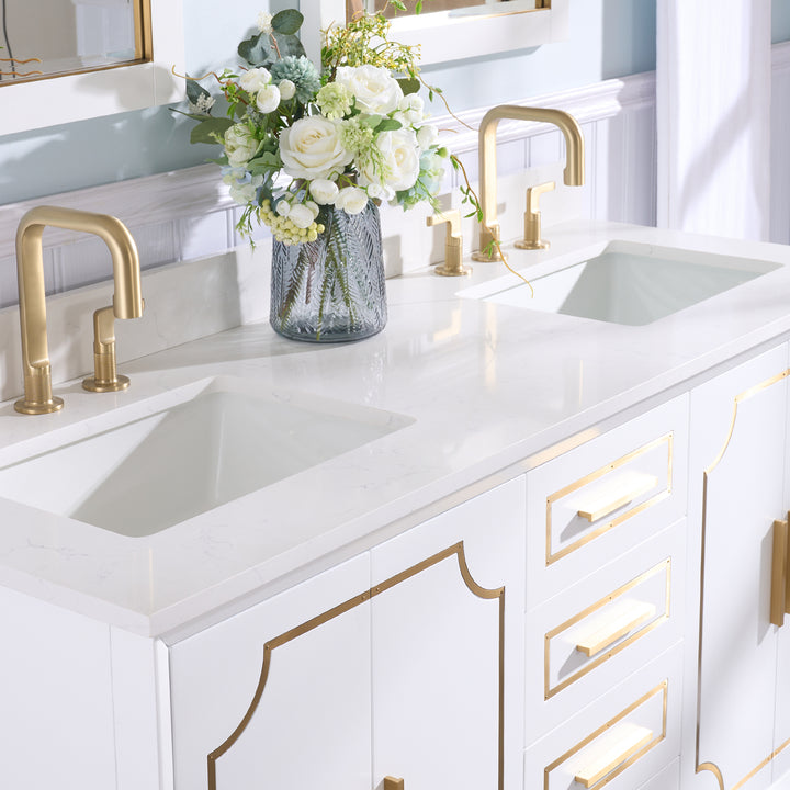 60 in. Freestanding Bathroom Vanity in White with Carrara White Quartz Vanity Top