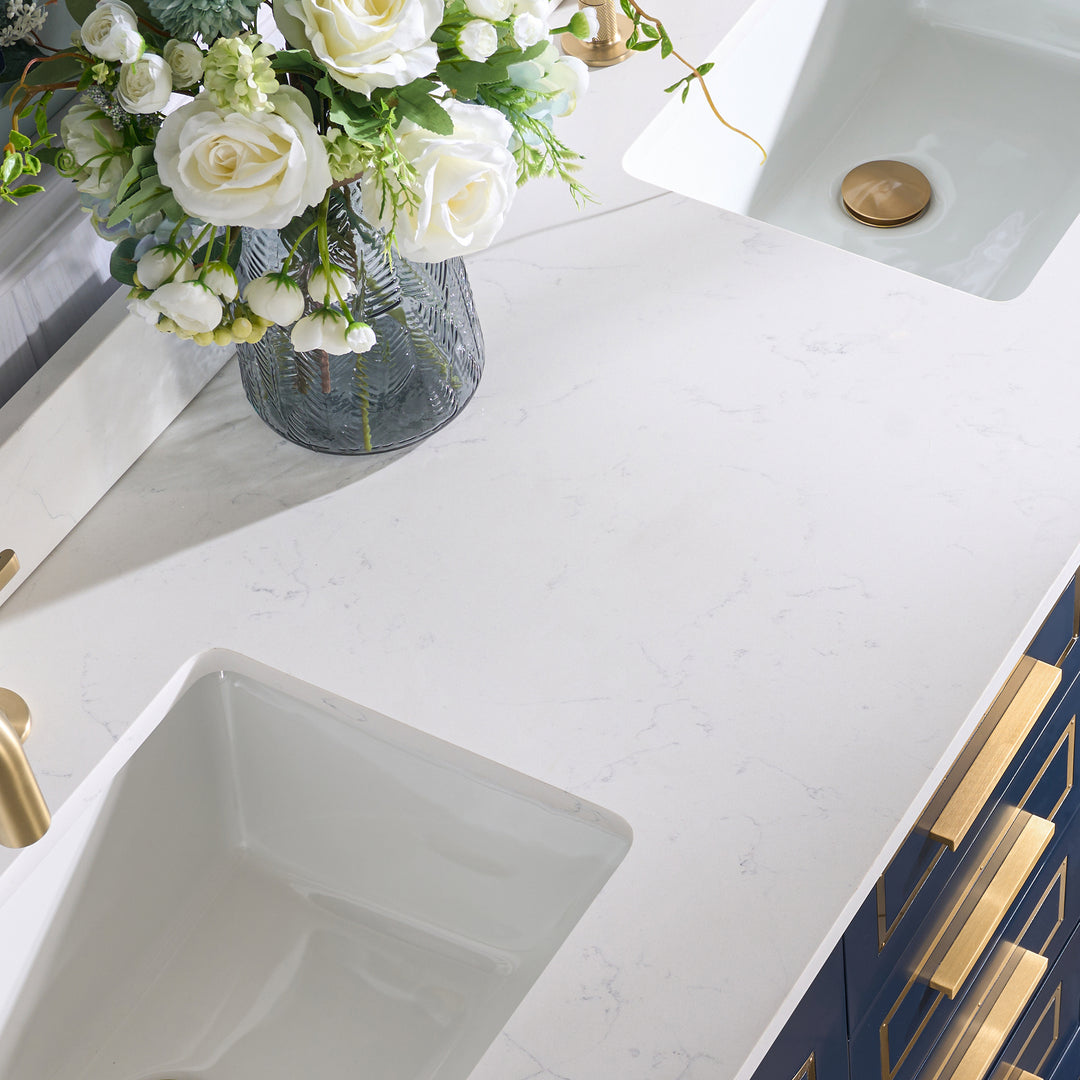 60 in. Freestanding Bathroom Vanity in Navy Blue with Carrara White Quartz Vanity Top