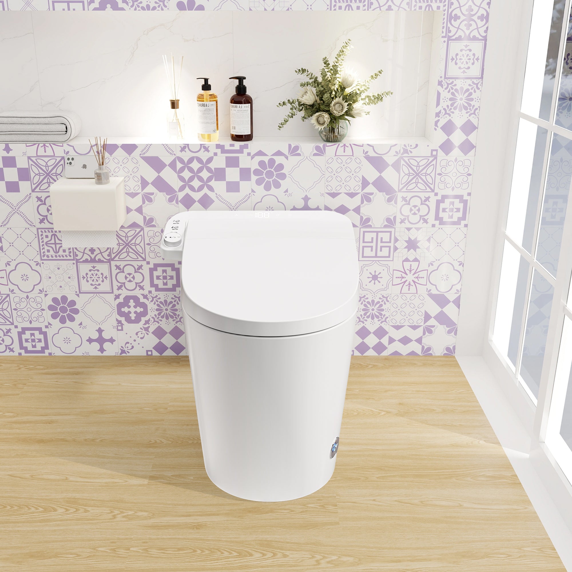 Smart Bidet Toilet in White with One-Click Knob, Foot Sensor Function, Auto Flush, LED Display