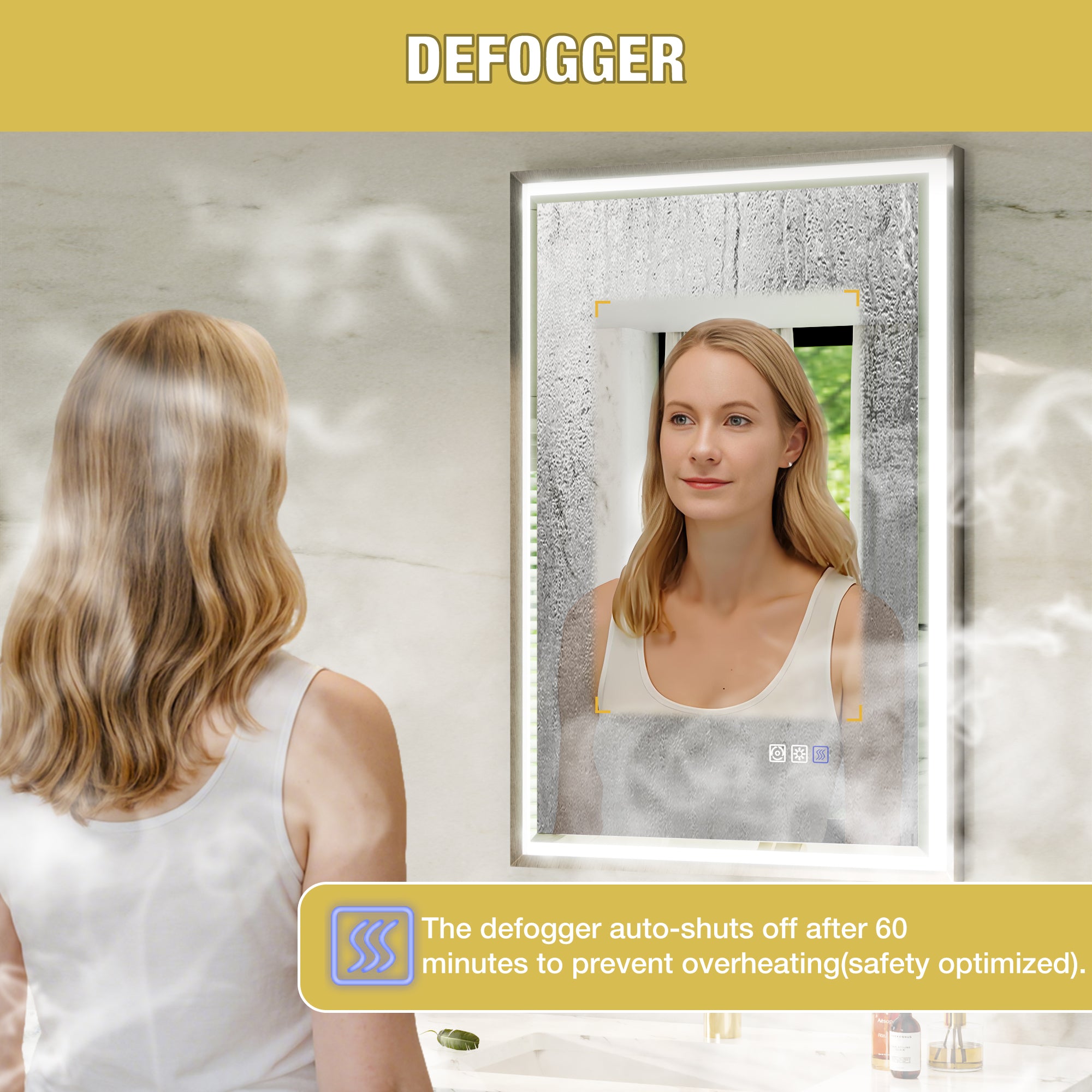 22 in. W x 34 in. Aluminum Framed LED Bathroom Mirror - Anti-Fog, Dimmable, Smart Memory, Brushed Nickel