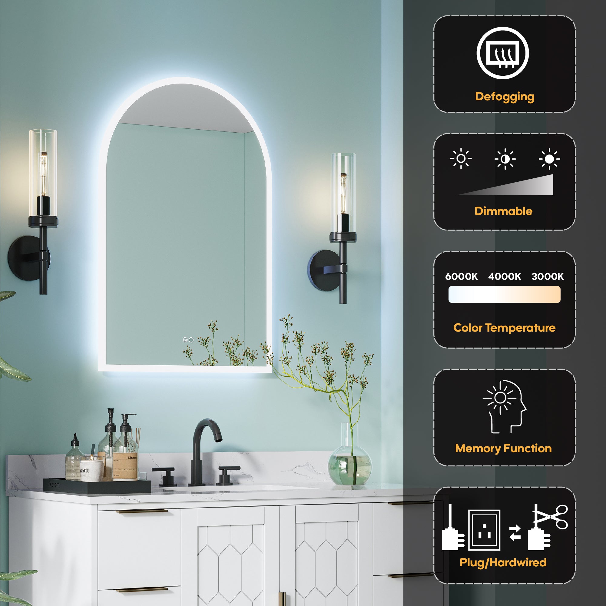 24x36 Inch Frameless LED Bathroom Vanity Mirror Arched Top-Dimmable, Anti-Fog, Wall-Mounted