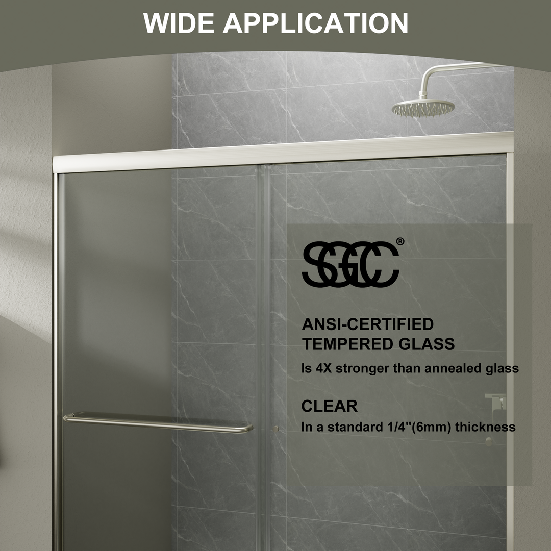 56-60" W x 70" H Semi-Frameless Sliding Shower Door, Glass Shower Door with 1/4'' (6mm) Clear