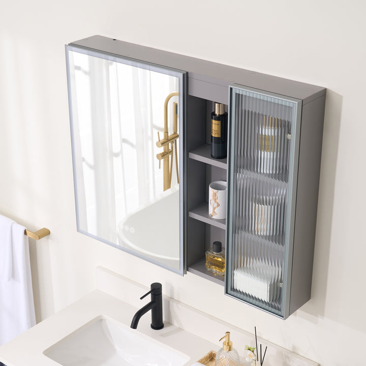 36 in. W x 28 in. H Rectangular Surface Mount LED Mirror Medicine Cabinet in Gray