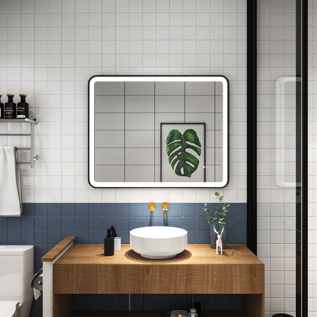 40 in. W x 32 in. H Framed Round Shaped Corners LED Light Bathroom Vanity Mirror in Black