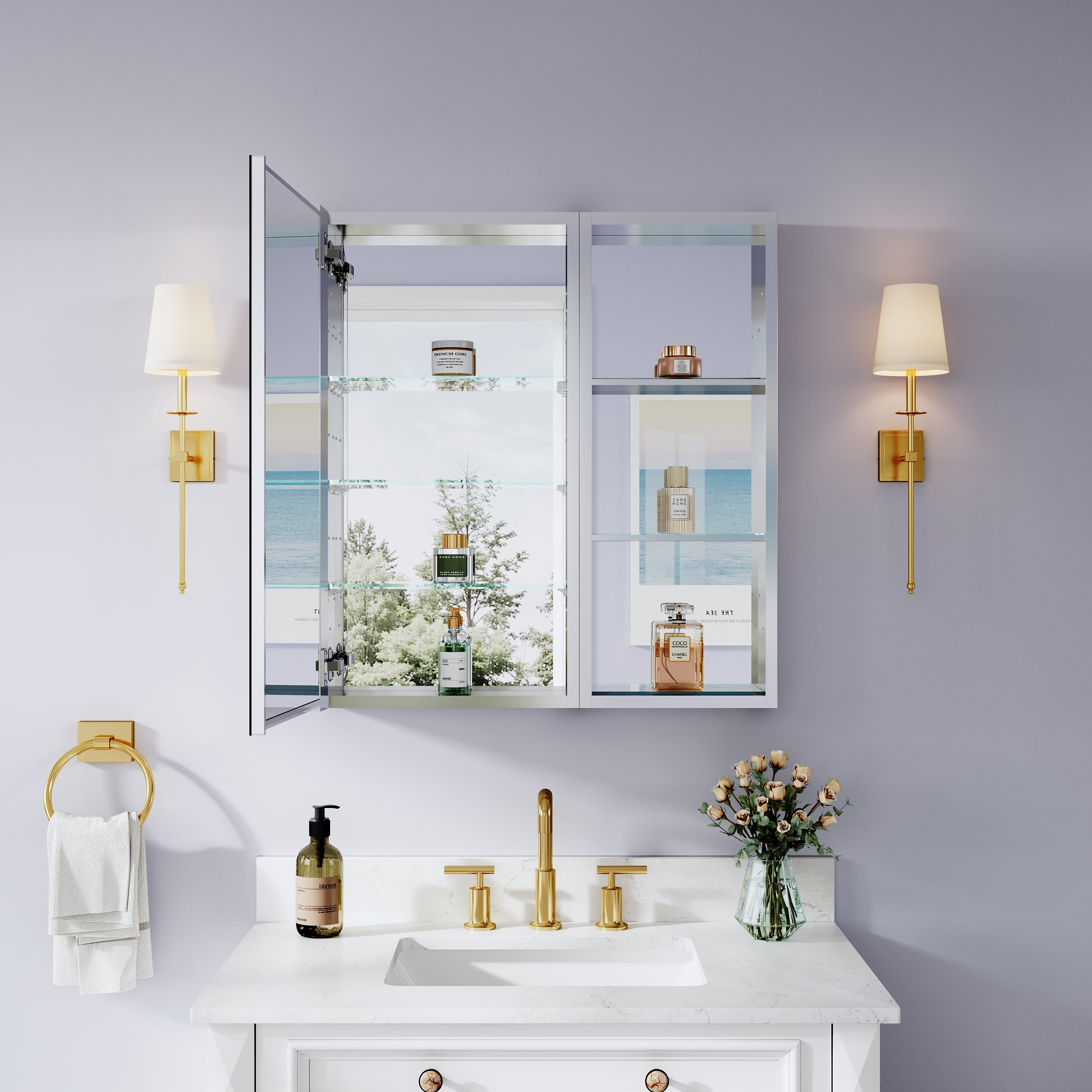 28 in. ×30 in. Bathroom Medicine Cabinet Set with Copper-Free Tri-View Mirror and Open Side Cabinet, Recessed or Surface Mount