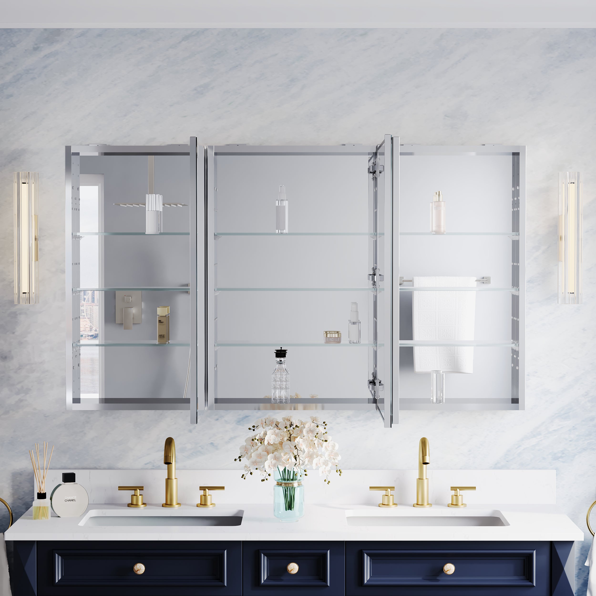 52 in.×30 in.H Aluminum Copper-Free Mirror Medicine Cabinet with Beveled Mirror Door, Recessed or Surface Mount, Adjustable Shelves