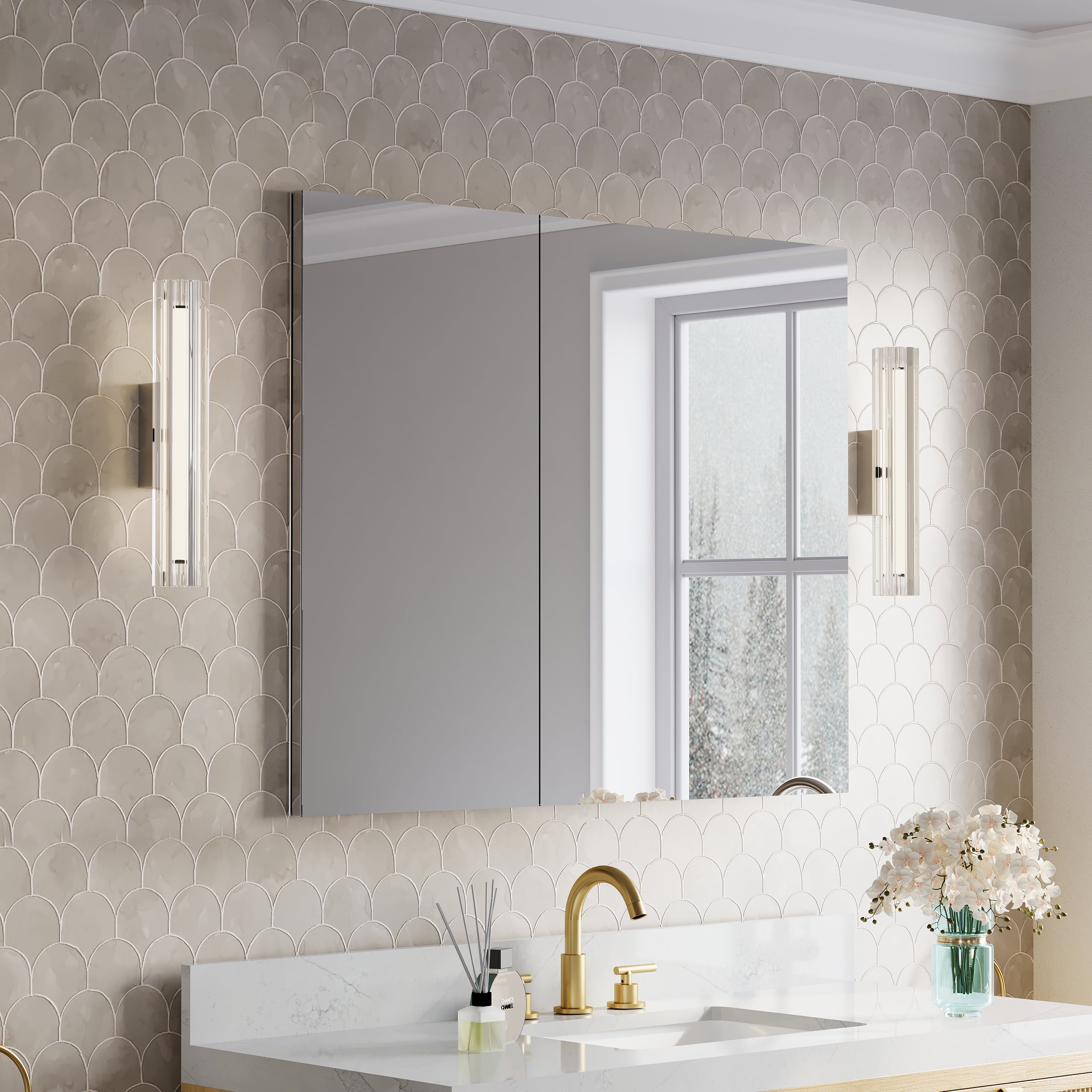 40 in.×32 in.H Aluminum Copper-Free Mirror Medicine Cabinet with Soft-Close Blum® Hinges and Recessed/Surface Mount