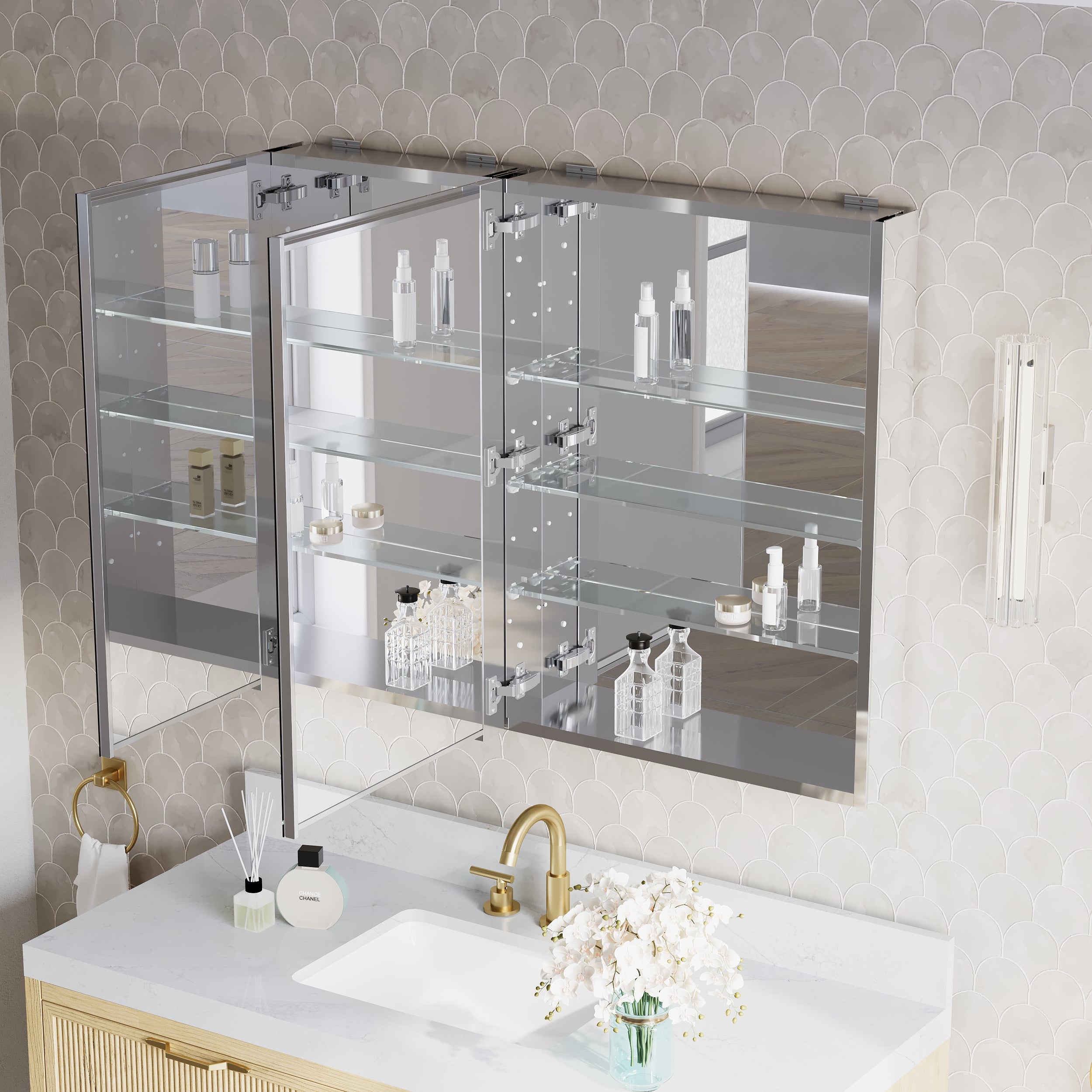 40 in.×32 in.H Aluminum Copper-Free Mirror Medicine Cabinet with Soft-Close Blum® Hinges and Recessed/Surface Mount