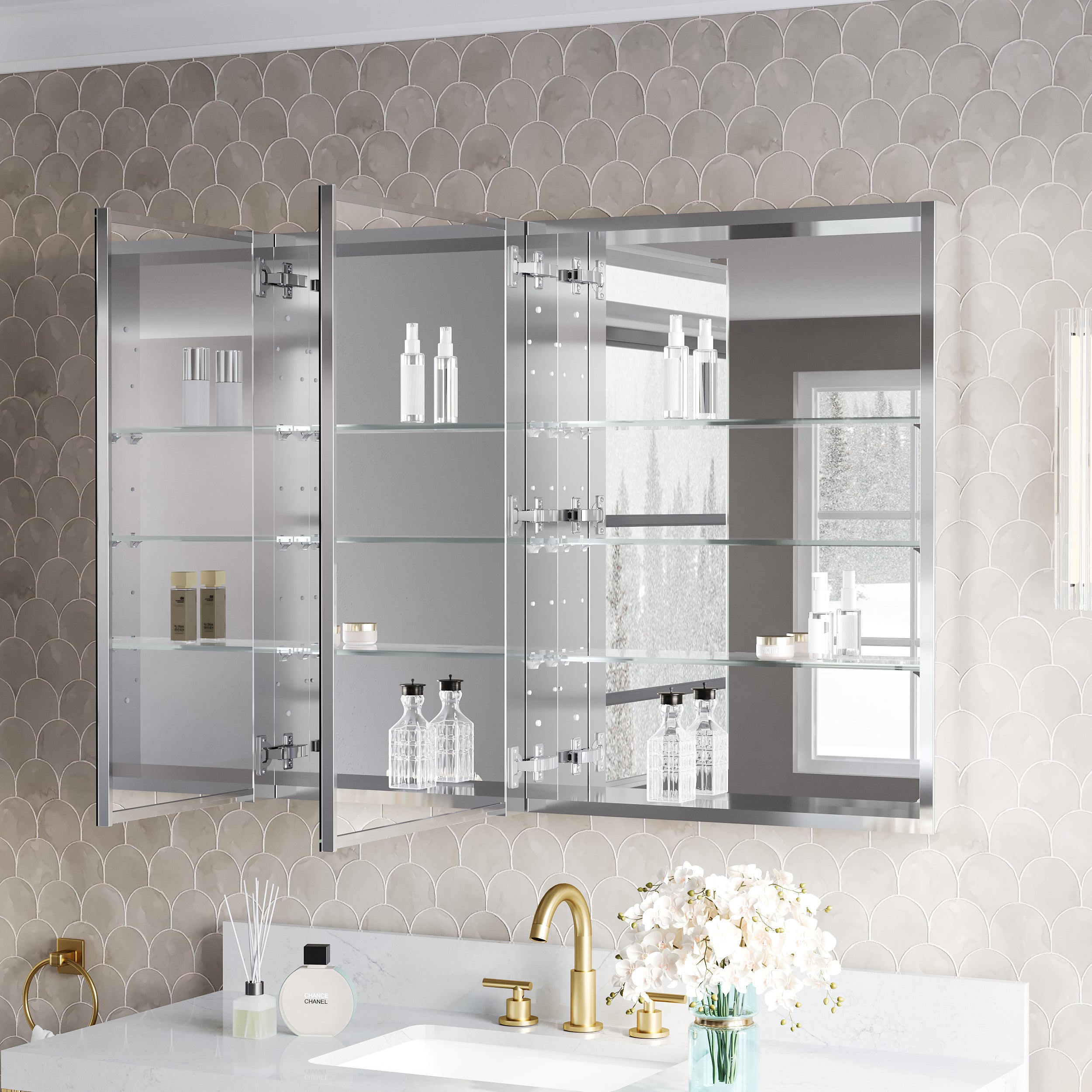 40 in.×32 in.H Aluminum Copper-Free Mirror Medicine Cabinet with Soft-Close Blum® Hinges and Recessed/Surface Mount