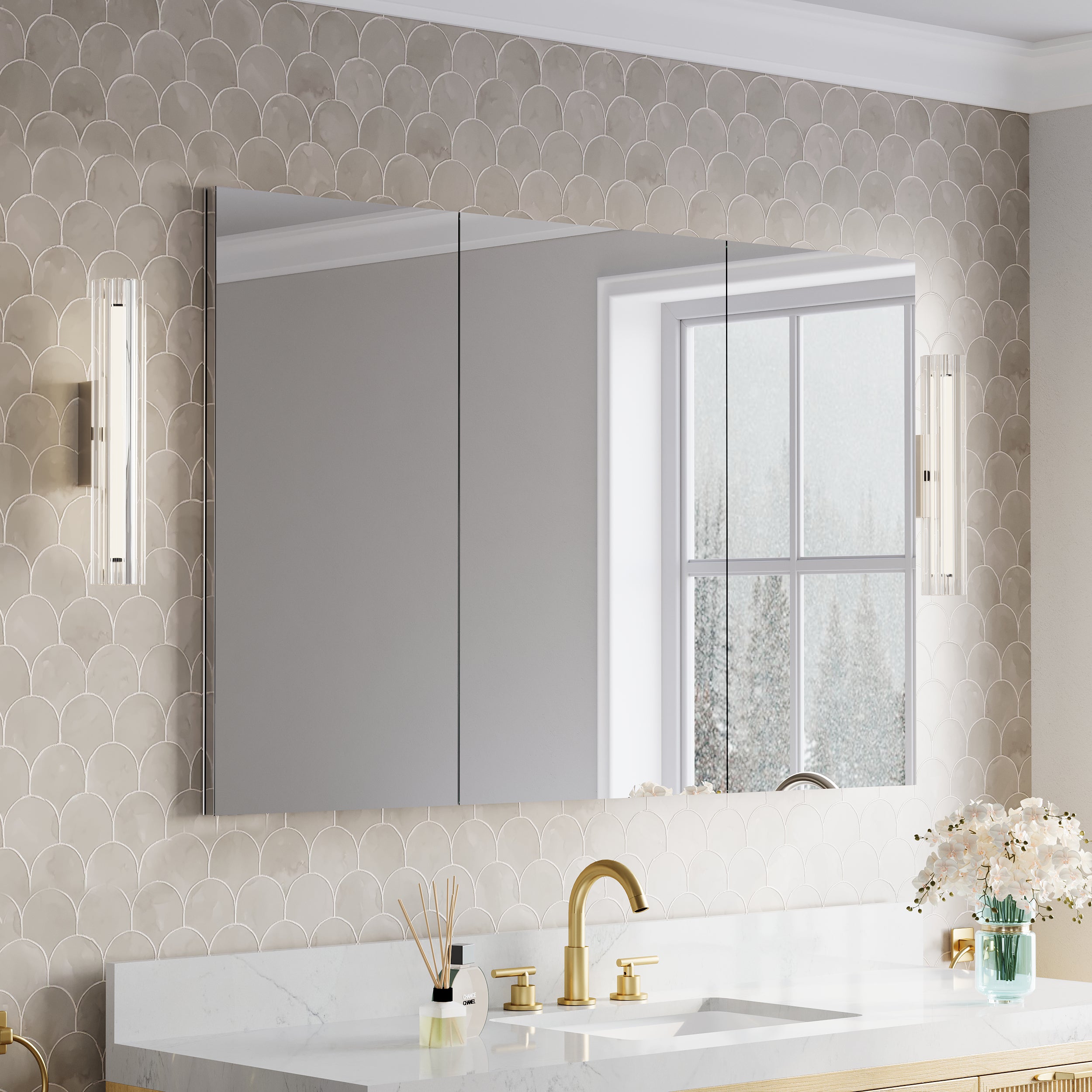 52 in.×32 in.H Copper-Free Mirror Medicine Cabinet with Soft-Close Blum® Hinges and Recessed/Surface Mount